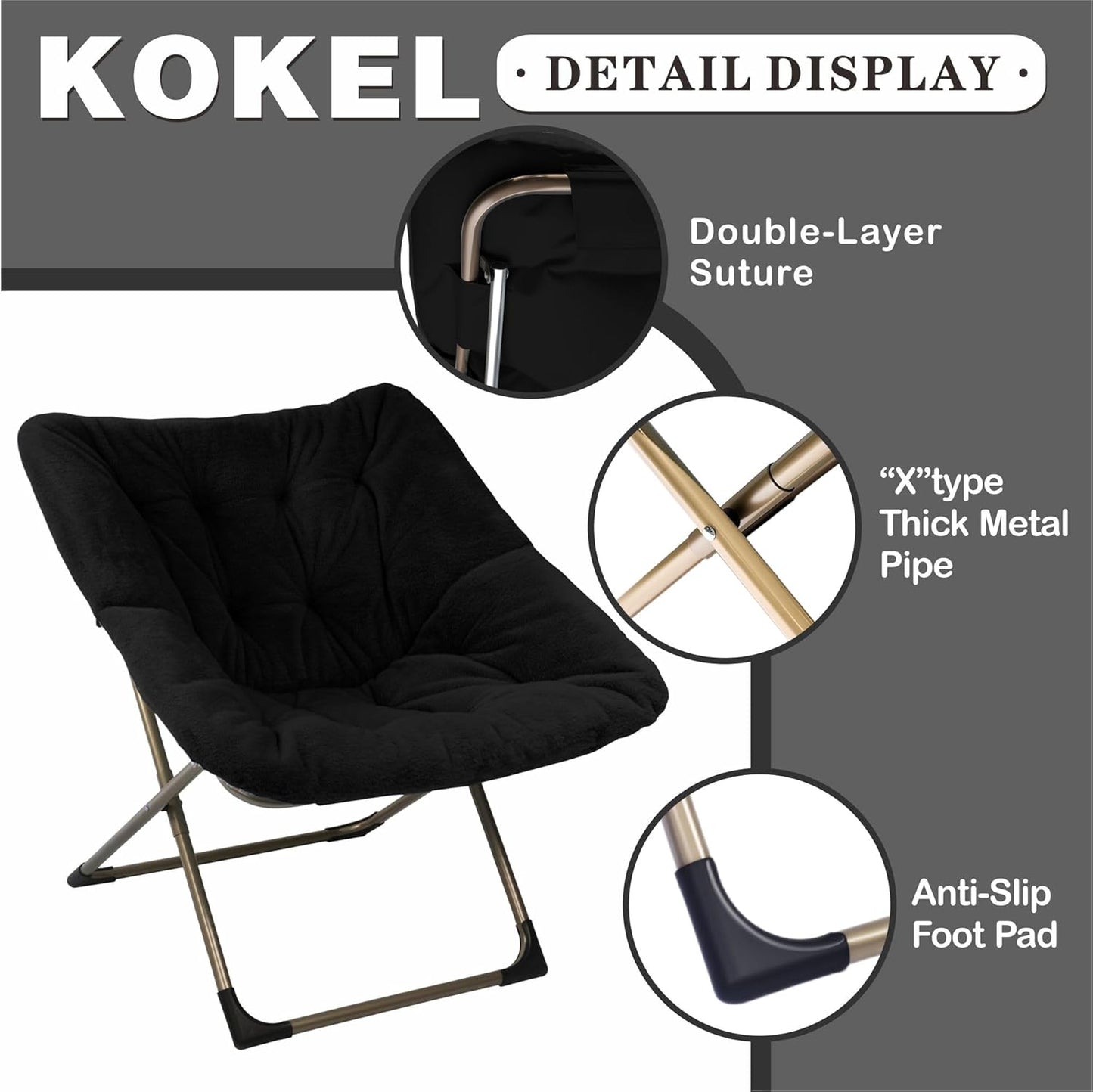 Kokel Plush Folding Chair and Ottoman Padded Metal Frame Living Room Chair (BLACK-TM20)