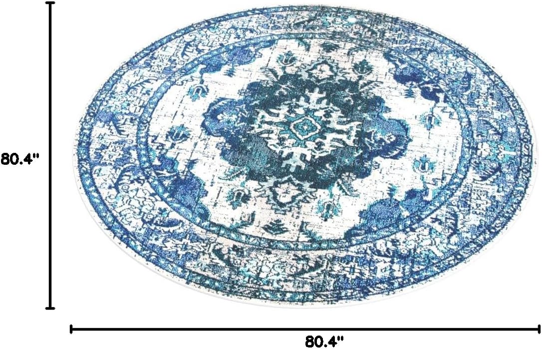 SAFAVIEH Monaco Collection 6'7" Round IvoryBlue MNC243A Boho Chic Medallion Distressed Non-Shedding Living Room Dining Bedroom Foyer Area Rug