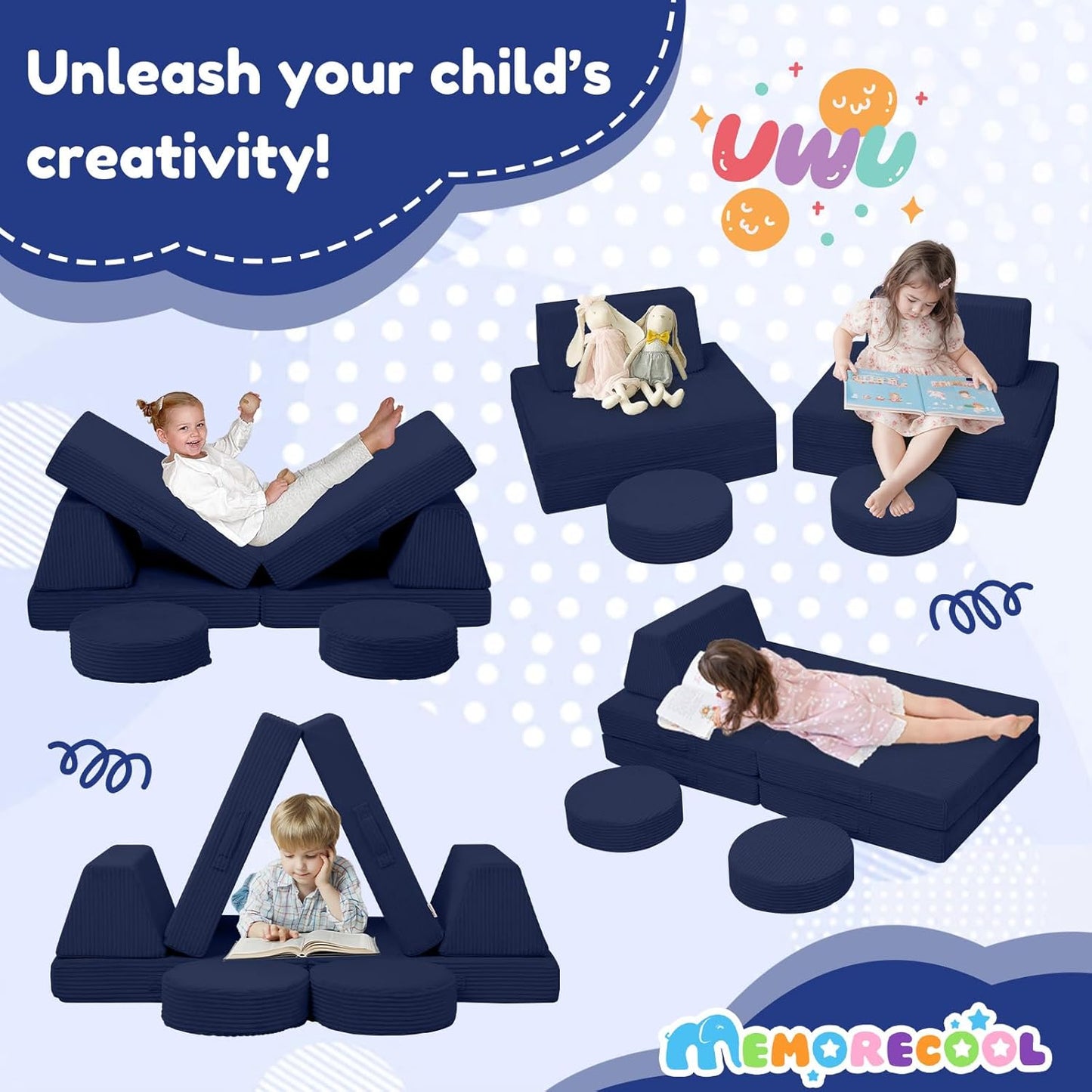 MeMoreCool Kids Couch for Playroom, Corduroy Convertible Toddler Couch, 8 Piece Modular Play Sofa, Foam Fort Building Set for Child Room Furniture, Navy