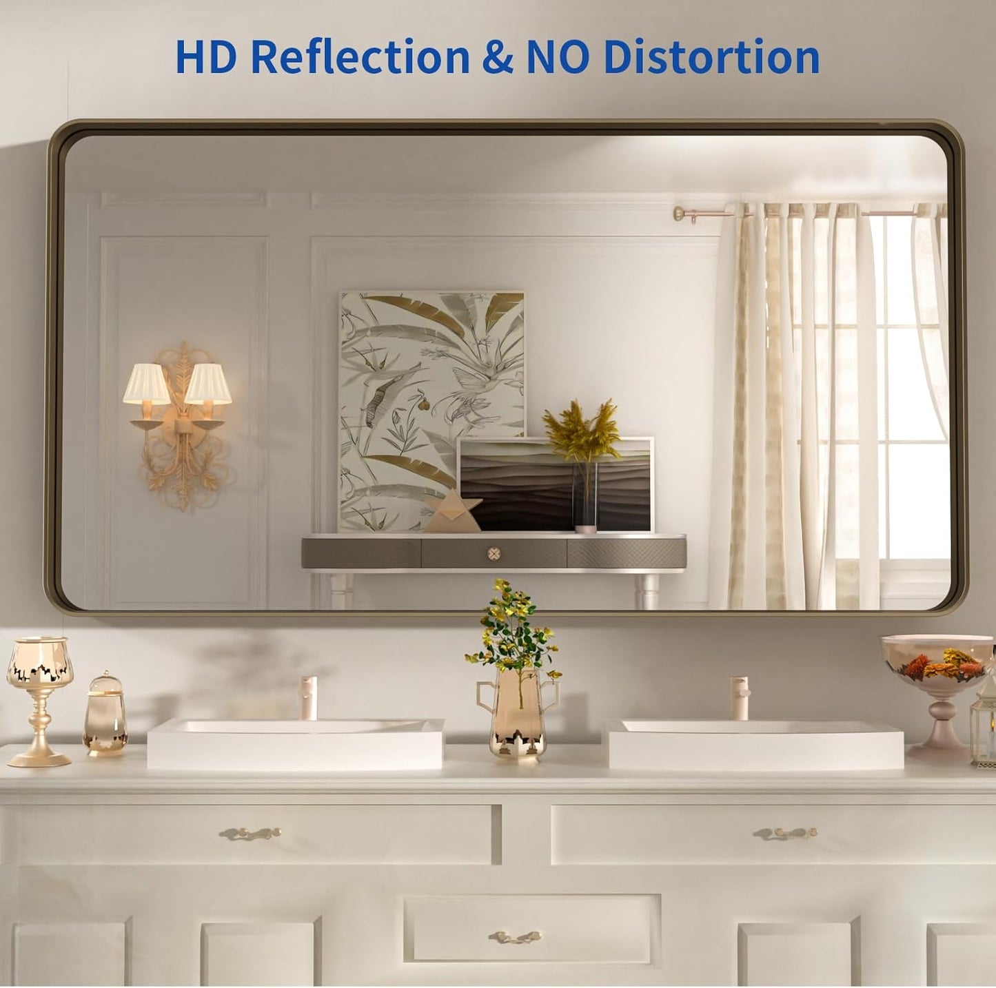 WEER 55x30 Inch Bronze Bathroom Mirror for Vanity, Brushed Bronze Metal Frame Rounded Rectangle Mirror with Tempered Glass, Anti-Rust (Horizontal/Vertical)