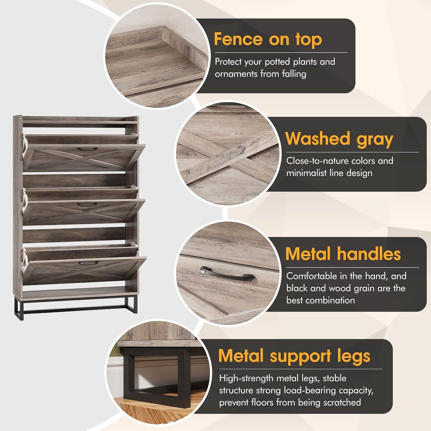 Maupvit Shoe Storage Cabinet with 3 Flip Drawers, Freestanding Organizer with Metal Legs for Entryway, Narrow Shoe Rack Cabinet, Washed Gray