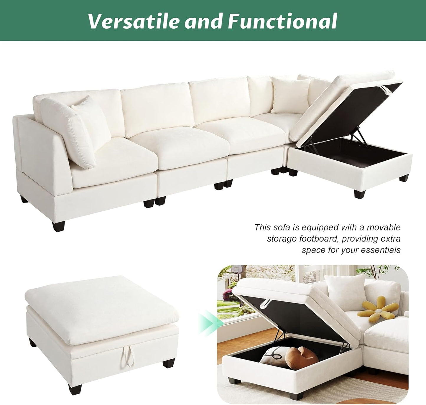 Merax Modern Upholstered Modular Sectional Sofa with Removable Storage Ottoman and Hidden Cup Holders, Free Combination Indoor Furniture Sets for Apartments, Studio, Office, 5 Seat-L Shape, Beige