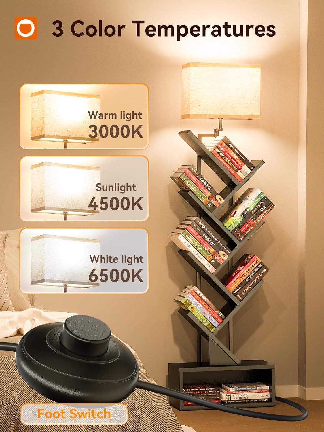 addlon 6-Tier Tree Bookshelf, Steel&Wood Corner Shelf with 3CCT Bulb,Small Book Shelf for Bedroom, Home Office&Living Room-Rustic Brown-Black Oak