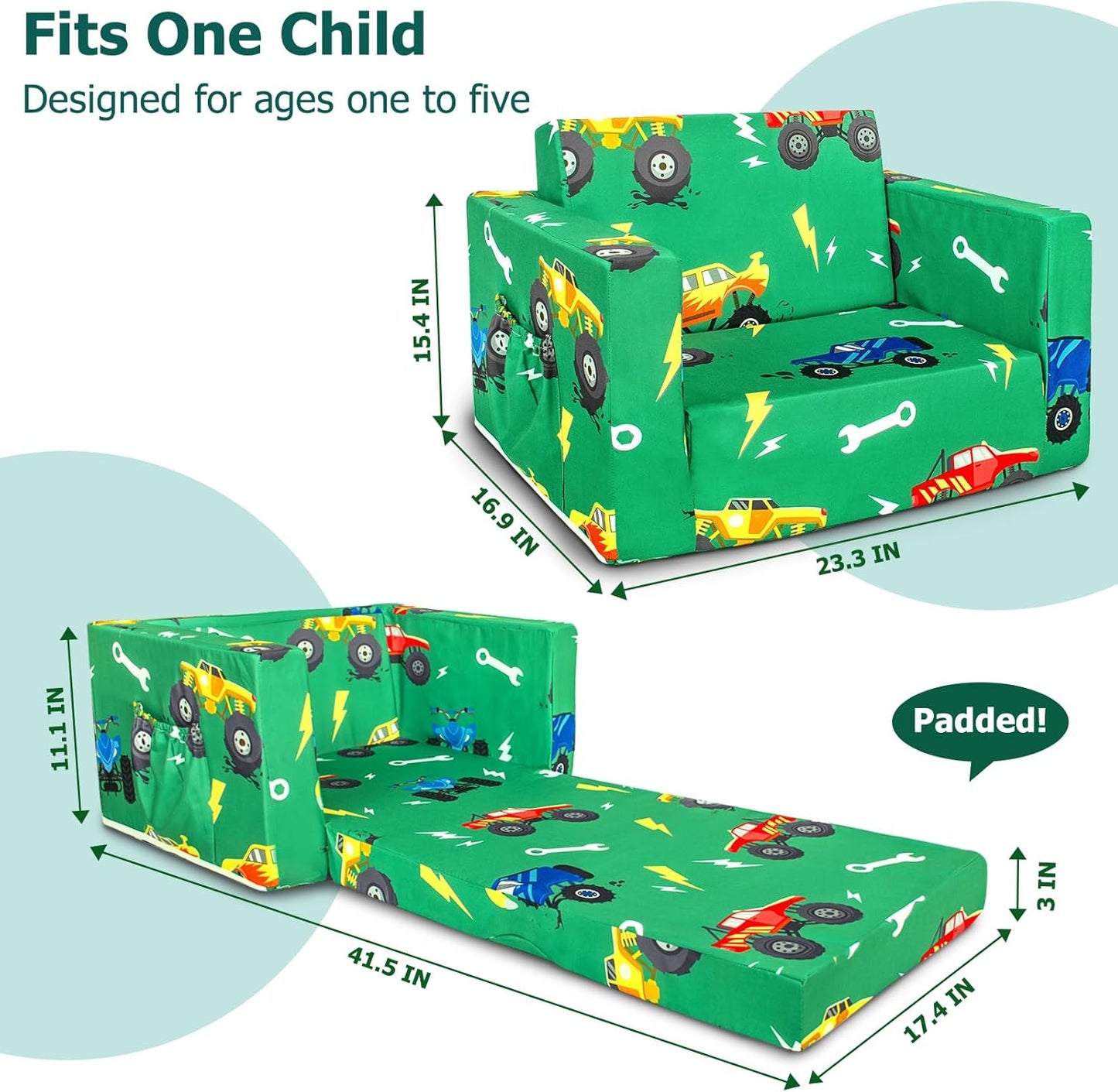 Kids Couch, 2-in-1 Kids Fold Out Sofa, Convertible Toddler Couch to Lounger for Girls and Boys, Soft Toddler Chairs Comfy 1-3 Years Old (Green Monster Truck)