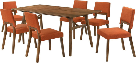 Armen Living Channell Mid Century Modern 7 Piece Walnut Wood Dining Table Set with Orange Fabric