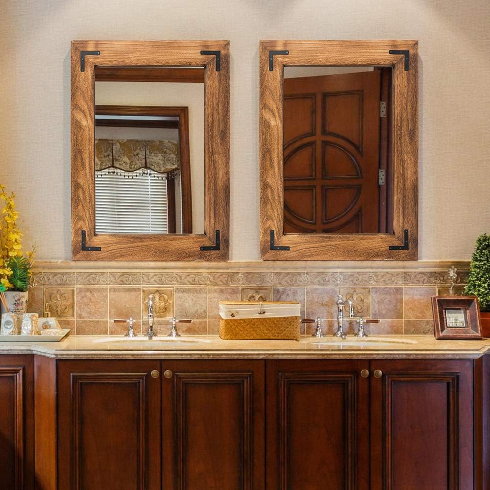 YOSHOOT Rustic Wooden Framed Wall Mirror, Natural Wood Bathroom Vanity Mirror for Farmhouse Decor, Vertical or Horizontal Hanging, 32" x 24", Brown