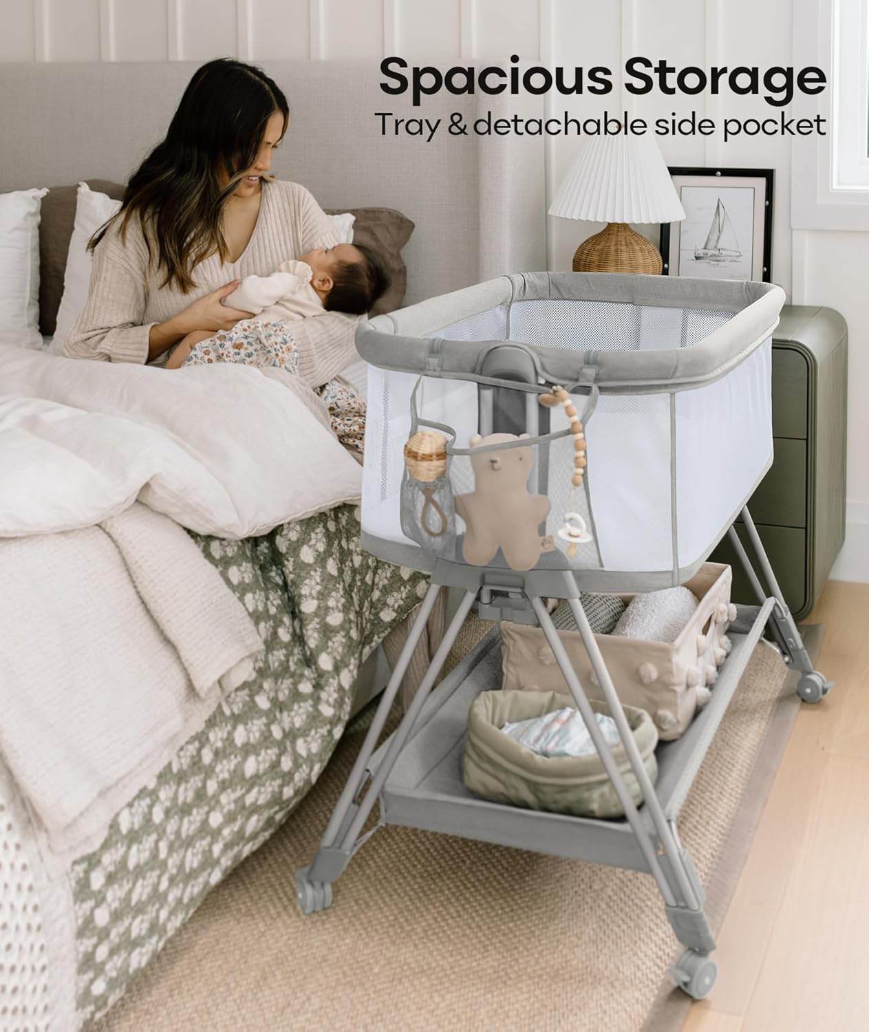 Fodoss Bedside Bassinet for Baby with Wheels, All Mesh Bedside Crib with Storage Basket, Hight Adjustable and Easy Assembly