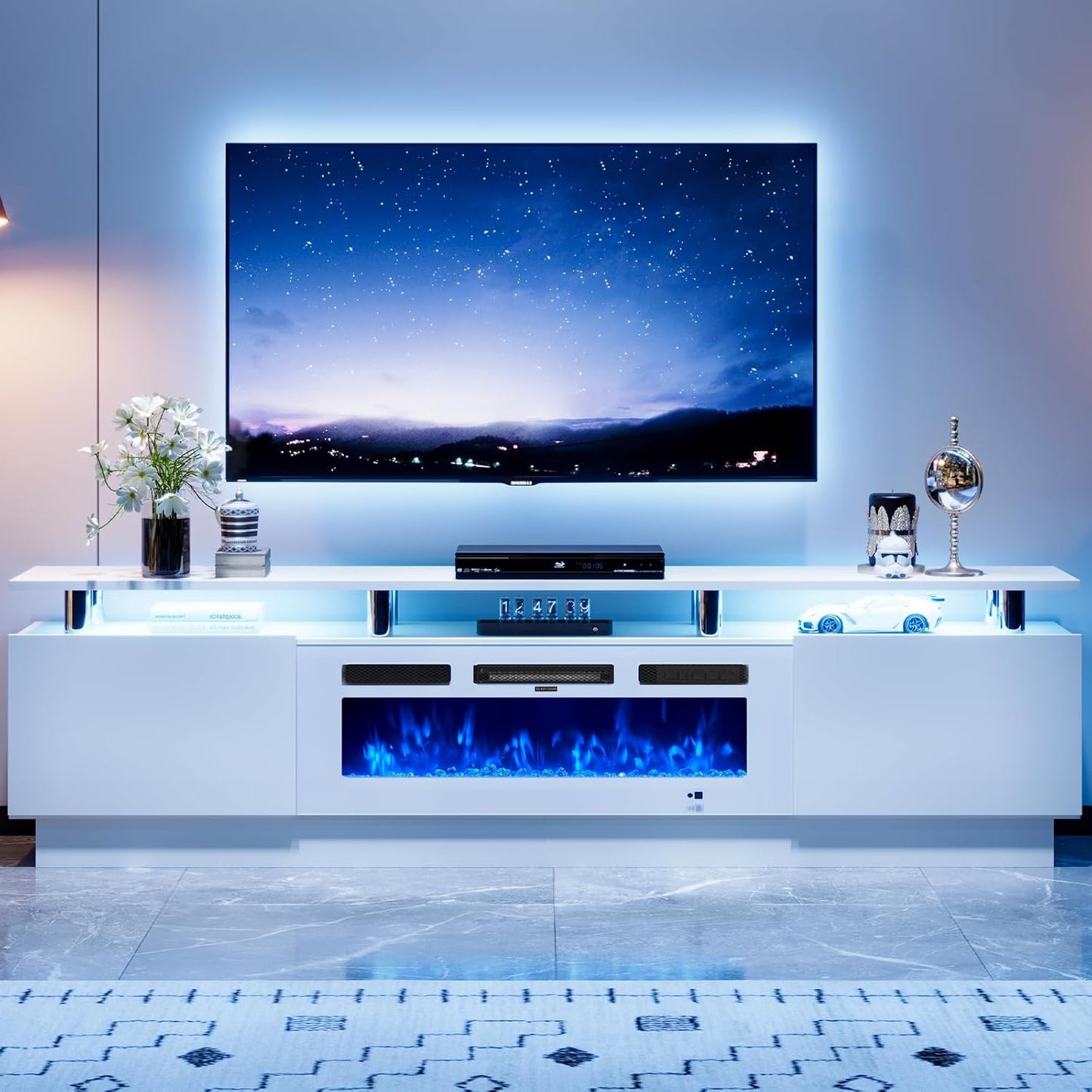80" Entertainment Center & TV Stand, Modern Media Console with Storage Cabinet, Fits TVs up to 90", Living Room Furniture, 36" Electric Fireplace (All White)