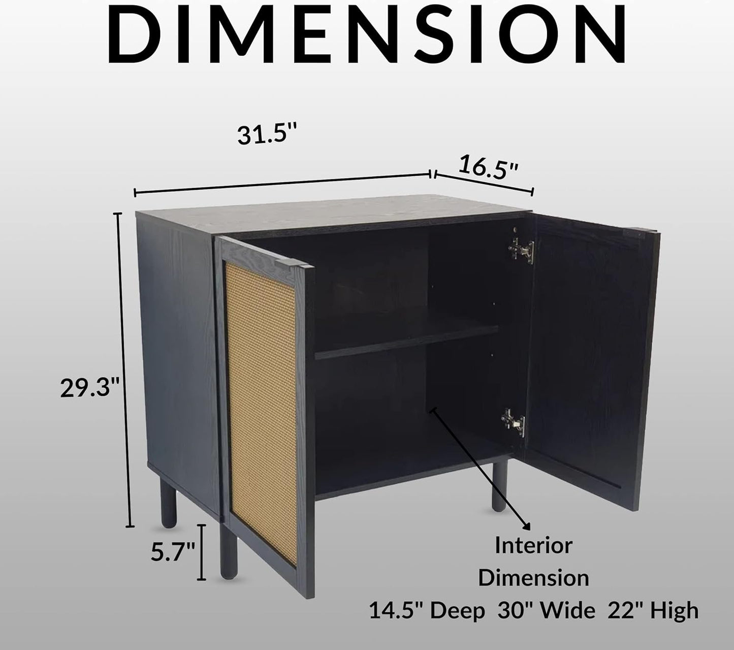 Sango Orre 2-Door Cabinet, Modern Black Storage Cabinet with Synthetic Rattan Door Panels, Adjustable Shelf, Cylindrical Wood Legs, Discreet Finger Pulls, Elegant Furniture for Living or Dining Room