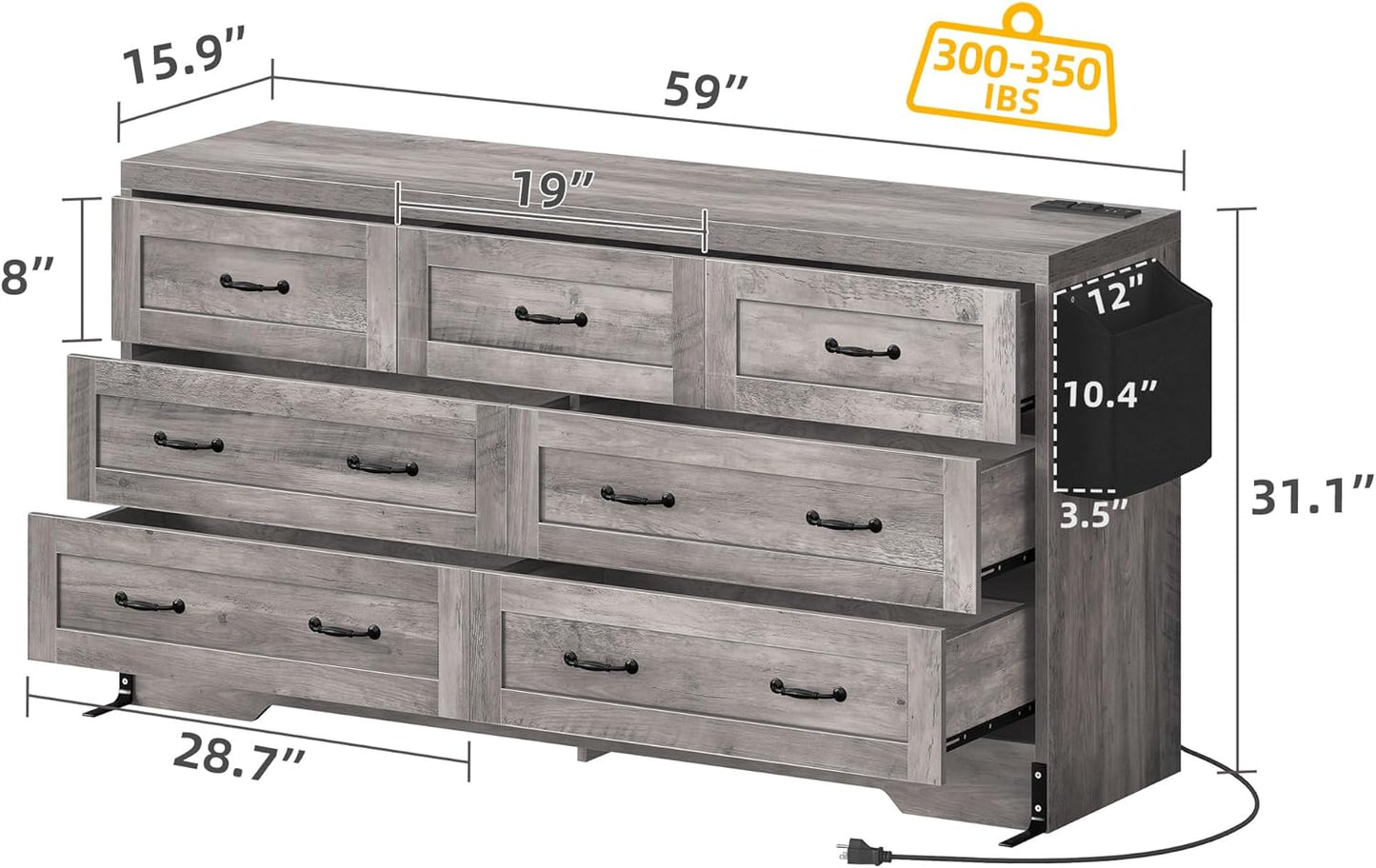 YITAHOME Grey Drawers TV Stand for 65 inches with Power Outlets -Chest of Drawers Dresser with Side Organizer Bag Entertainment Center TV Console