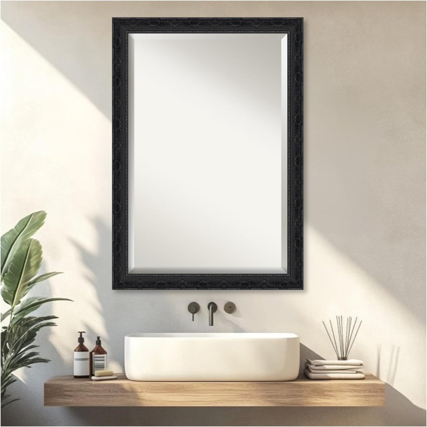 Amanti Art Bathroom Mirror for Over Sink, 29x41 Filigree Gloss Black Rectangle Vanity Mirror, Large Traditional Frame, Hangs Horizonally and Vertically, Bathroom Wall Decor, Beveled Edge