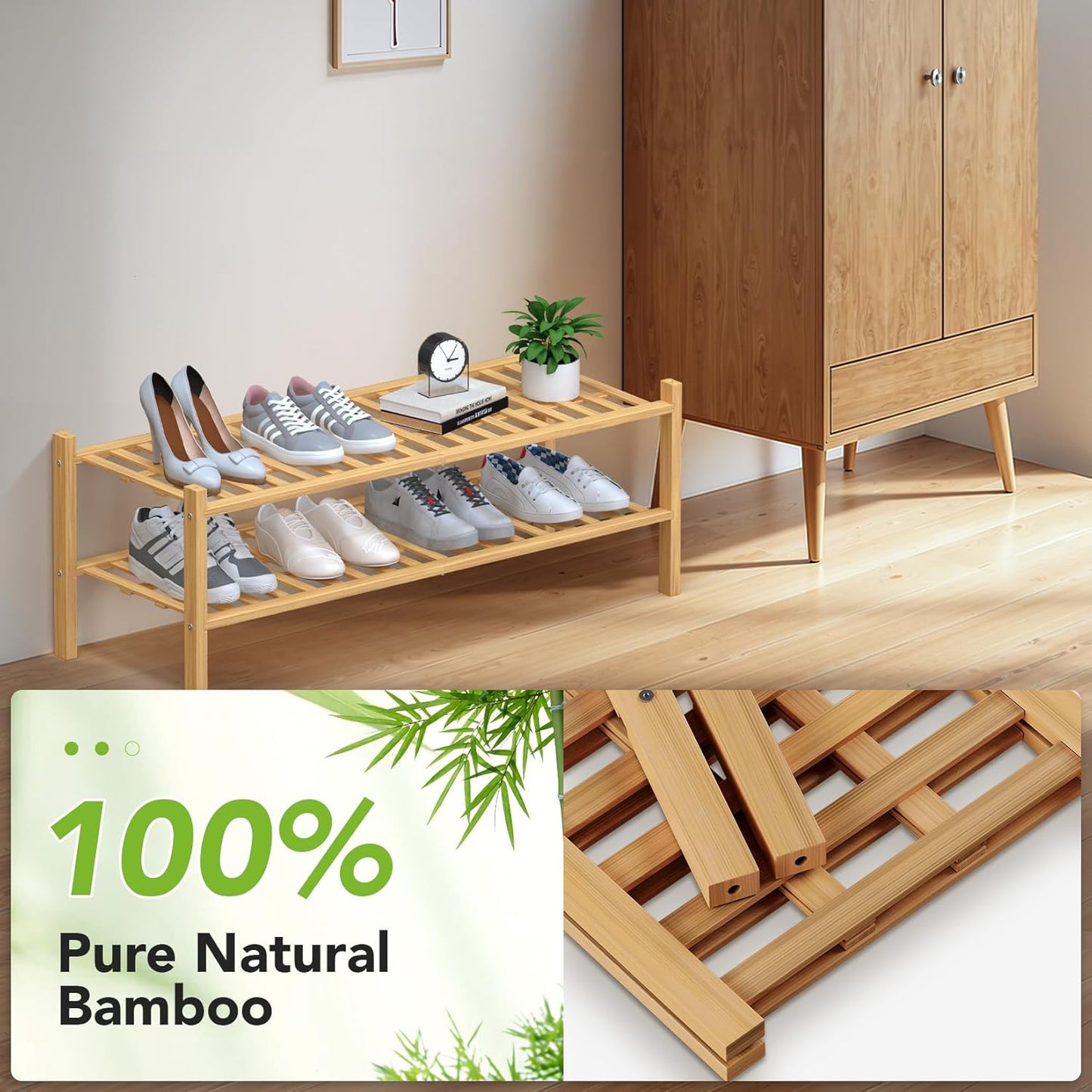 Haddockway Long 2 Tier Bamboo Shoe Rack Storage Organizer,Multifunctional Free Standing Stackable Shoe Shelf with Grid Panel for Closet,Hallway,Entryway,Small Space 34.2"x11"x13"(Natural, 2-Tier Long)