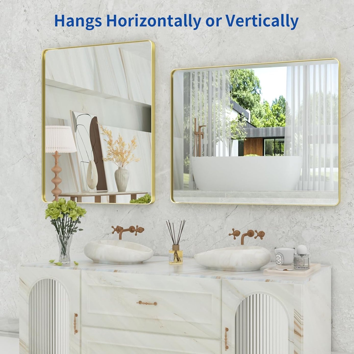 WEER Gold Bathroom Mirror, 40X32 Inch Brushed Gold Metal Frame Mirror, Rounded Rectangle Gold Bathroom Vanity Mirror for Wall, Tempered Glass, Anti-Rust, Hangs Horizontally or Vertically