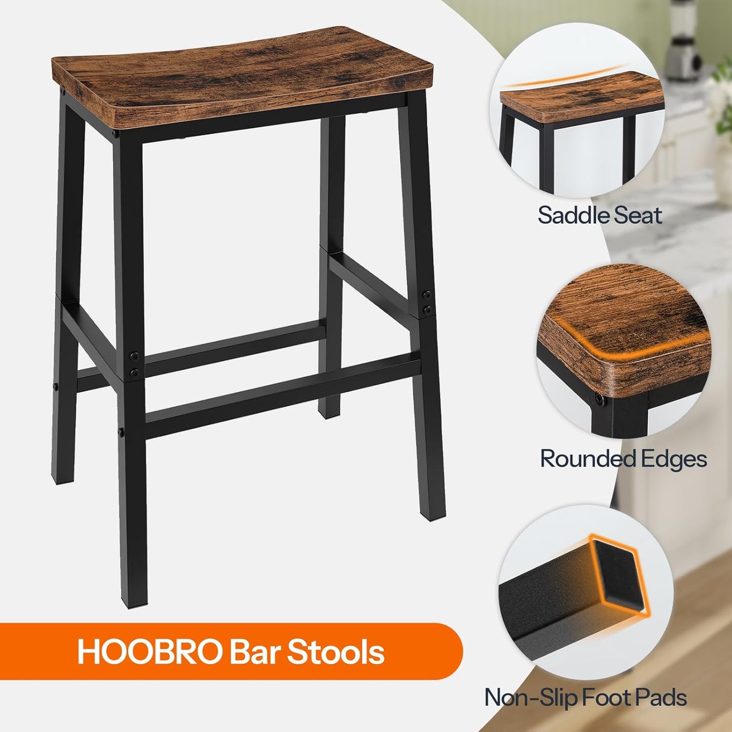 HOOBRO Bar Stools Set of 4, Counter Height Bar Stools, 23.6'' Bar Chairs, Saddle Stools with Footrests, Industrial Barstools for Dining Room, Kitchen, Bar, Rustic Brown and Black BF02MDP401