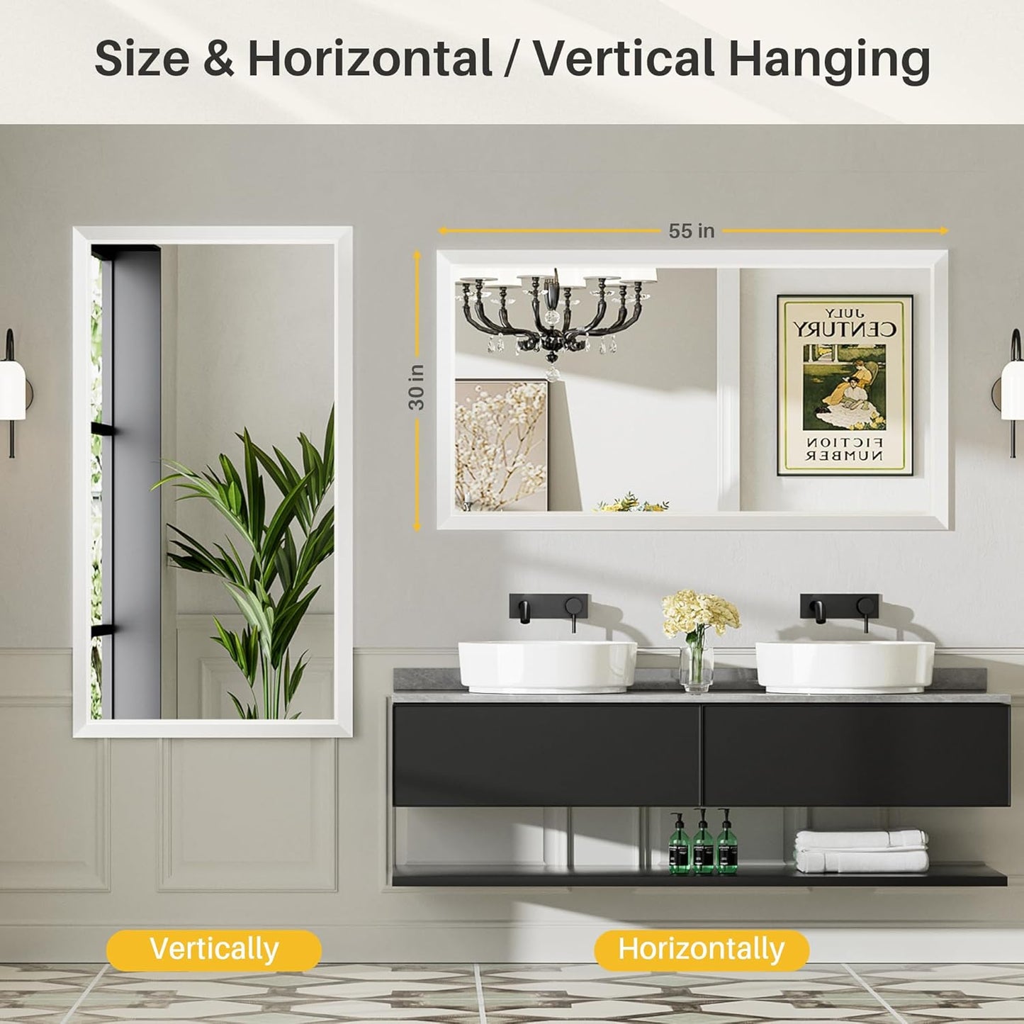 55x30 Inch White Bathroom Mirror for Wall, Thick Metal Framed Rectangle Mirrors for Over Sink, Bedroom, Living Room, Entryway, Anti-Rust, HD Tempered Glass