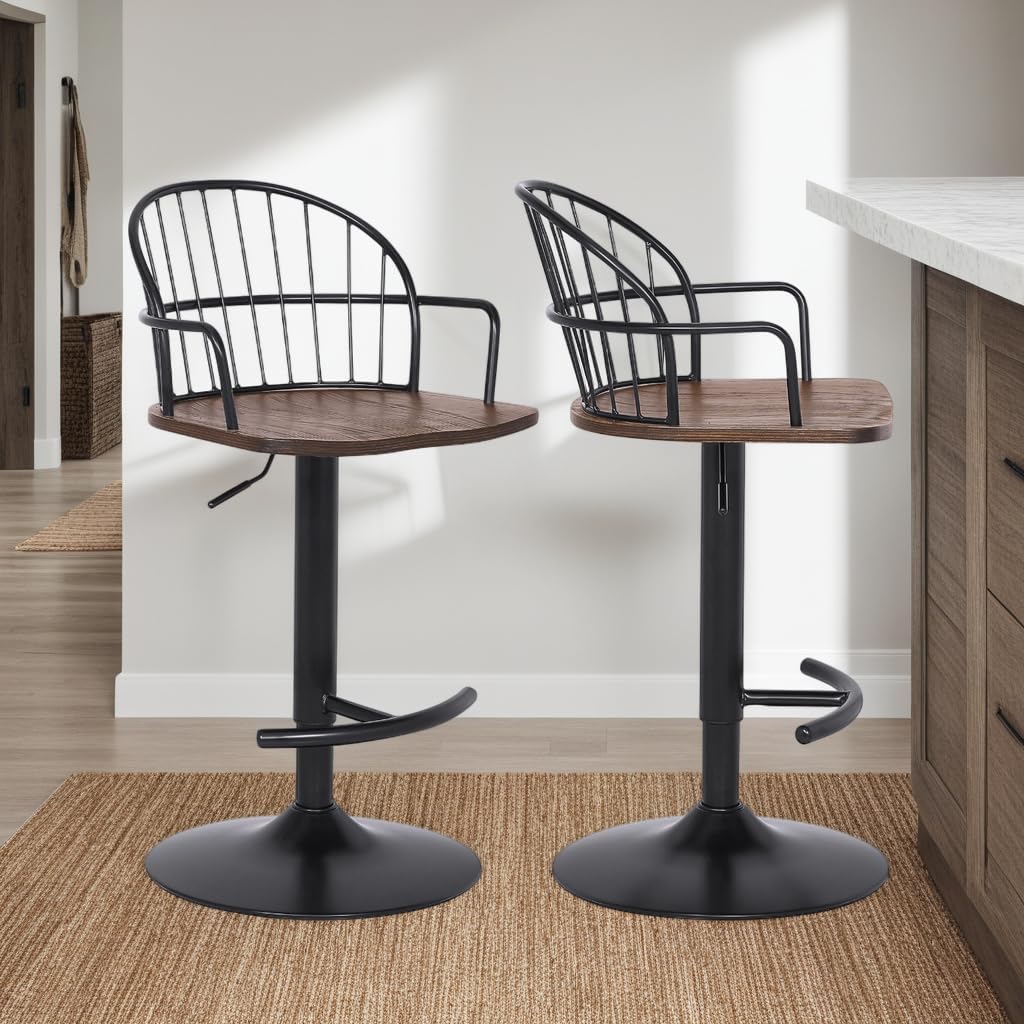 Armen Living Edward Adjustable Walnut Glazed Barstool in Black Powder Coated Finish