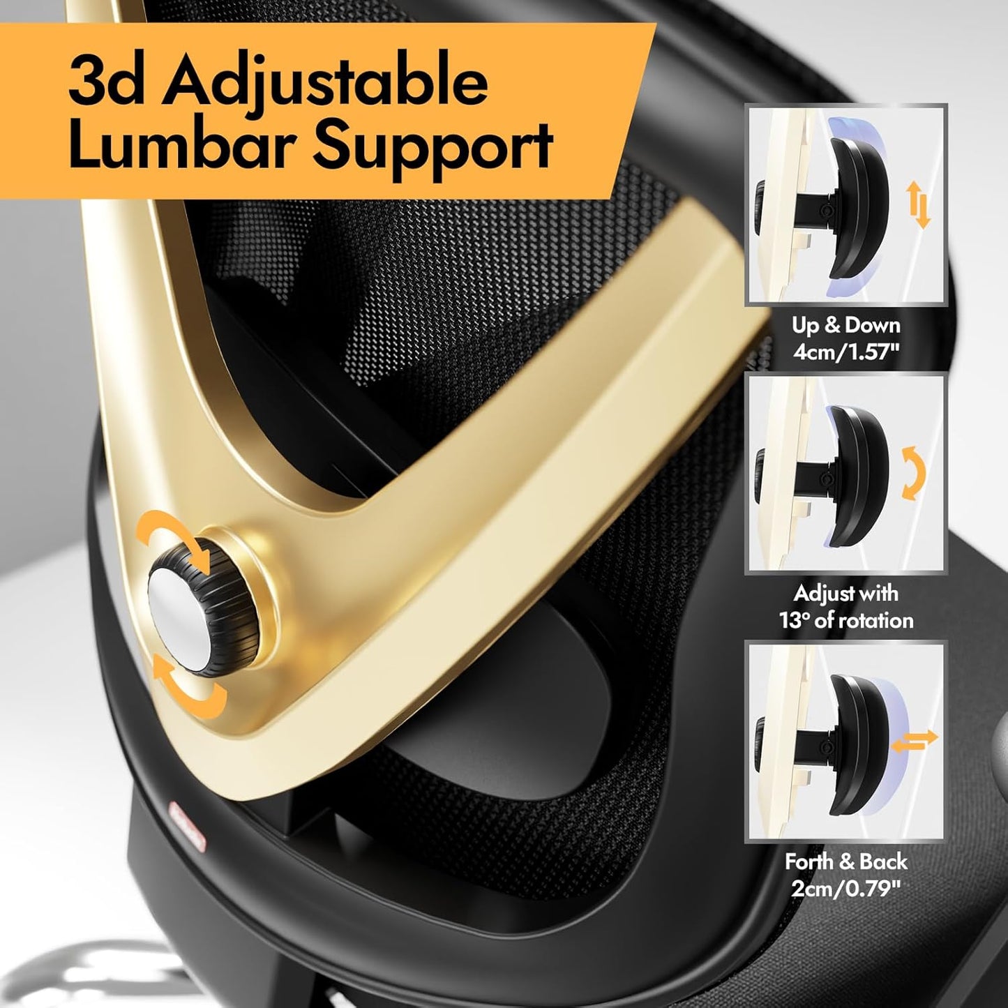Ergonomic Mesh Office Chair - 3D Adjustable Lumbar Support & 3D Armrests, V-Shaped Back, Adjustable Desk Chair for Office & Home, Black and Gold