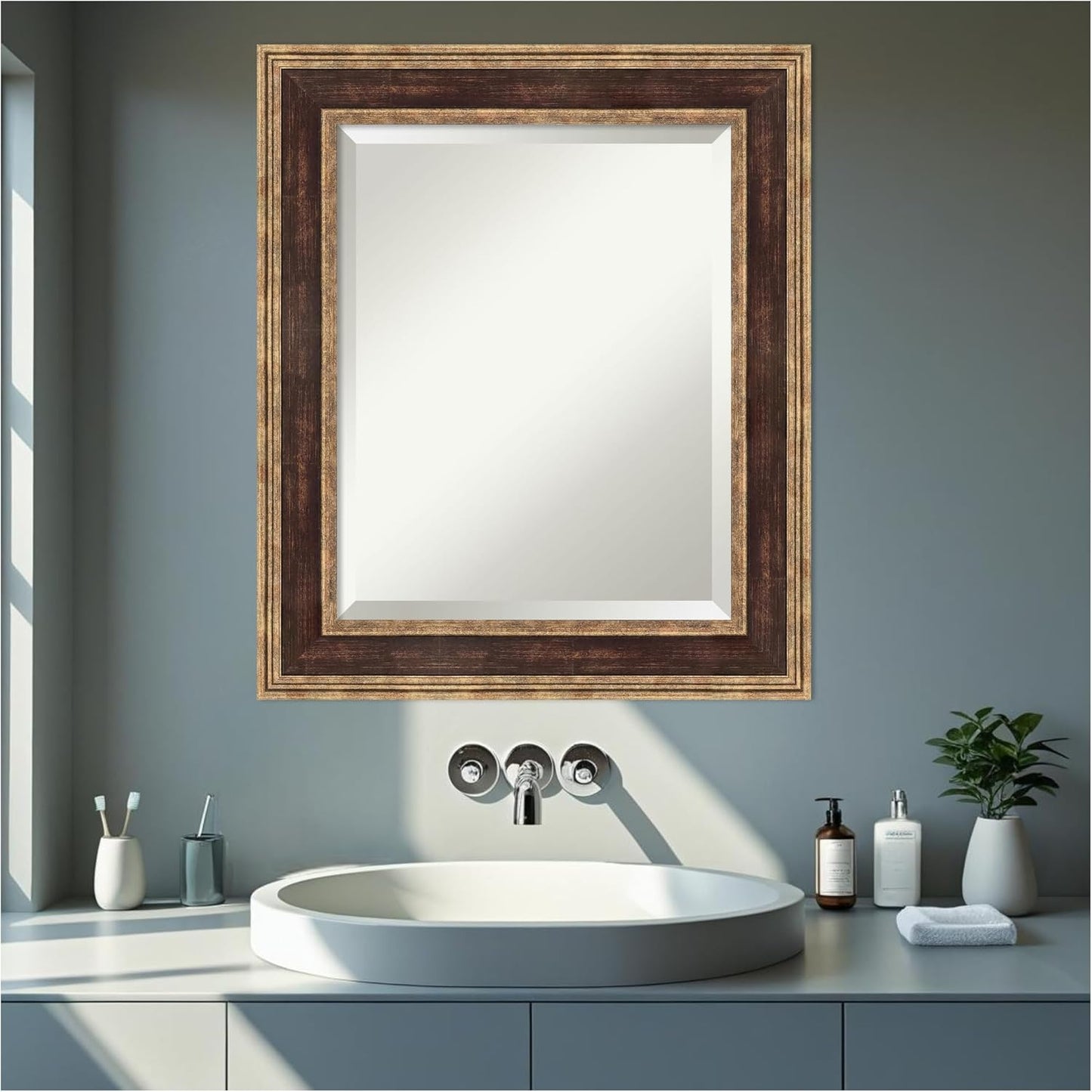 Amanti Art Bronze Bathroom Mirror for Over Sink, 26x22 Ridge Light Bronze Rectangle Vanity Mirror, Small Traditional Frame, Hangs Horizonally and Vertically, Bathroom Wall Decor, Beveled Edge
