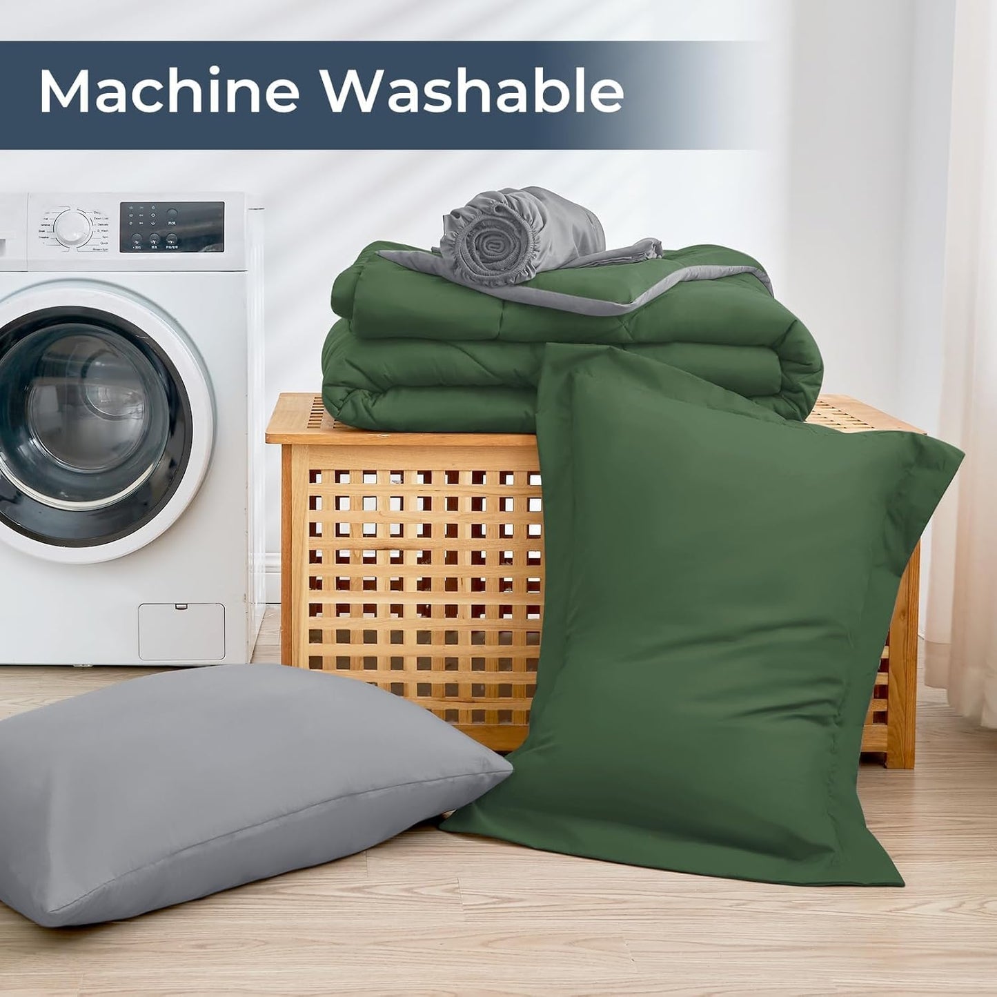 HEVUMYI Twin Comforter Set - 5-Piece All Season Bed in a Bag Twin, Ultra Soft Bedding Set with Comforter, Flat Sheet, Fitted Sheet, Pillowcases, Pillow Shams, Green & Light Grey