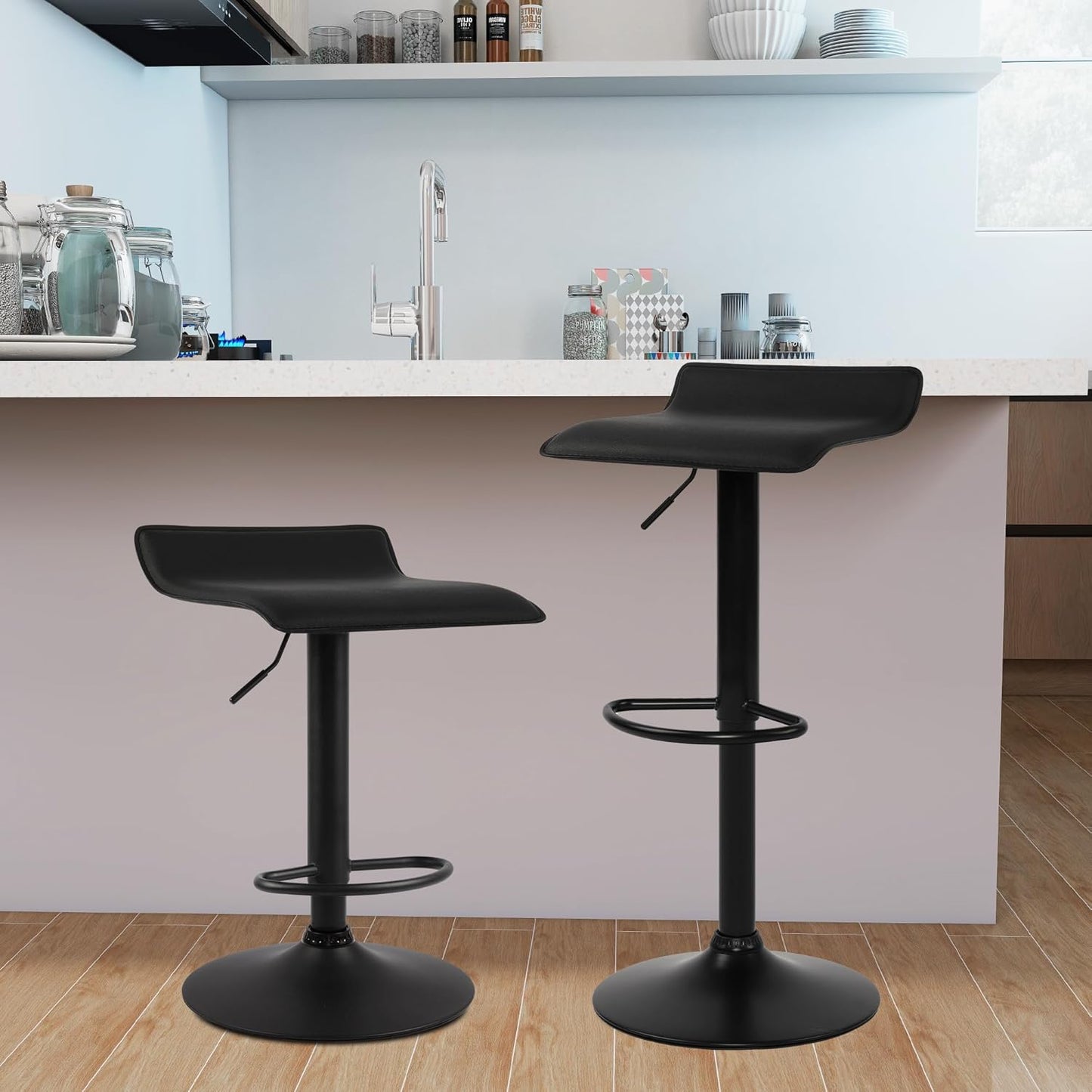 NOBPEINT Contemporary Chrome Air Lift Adjustable Swivel Bar Stool with Black Base, Set of 2, Black