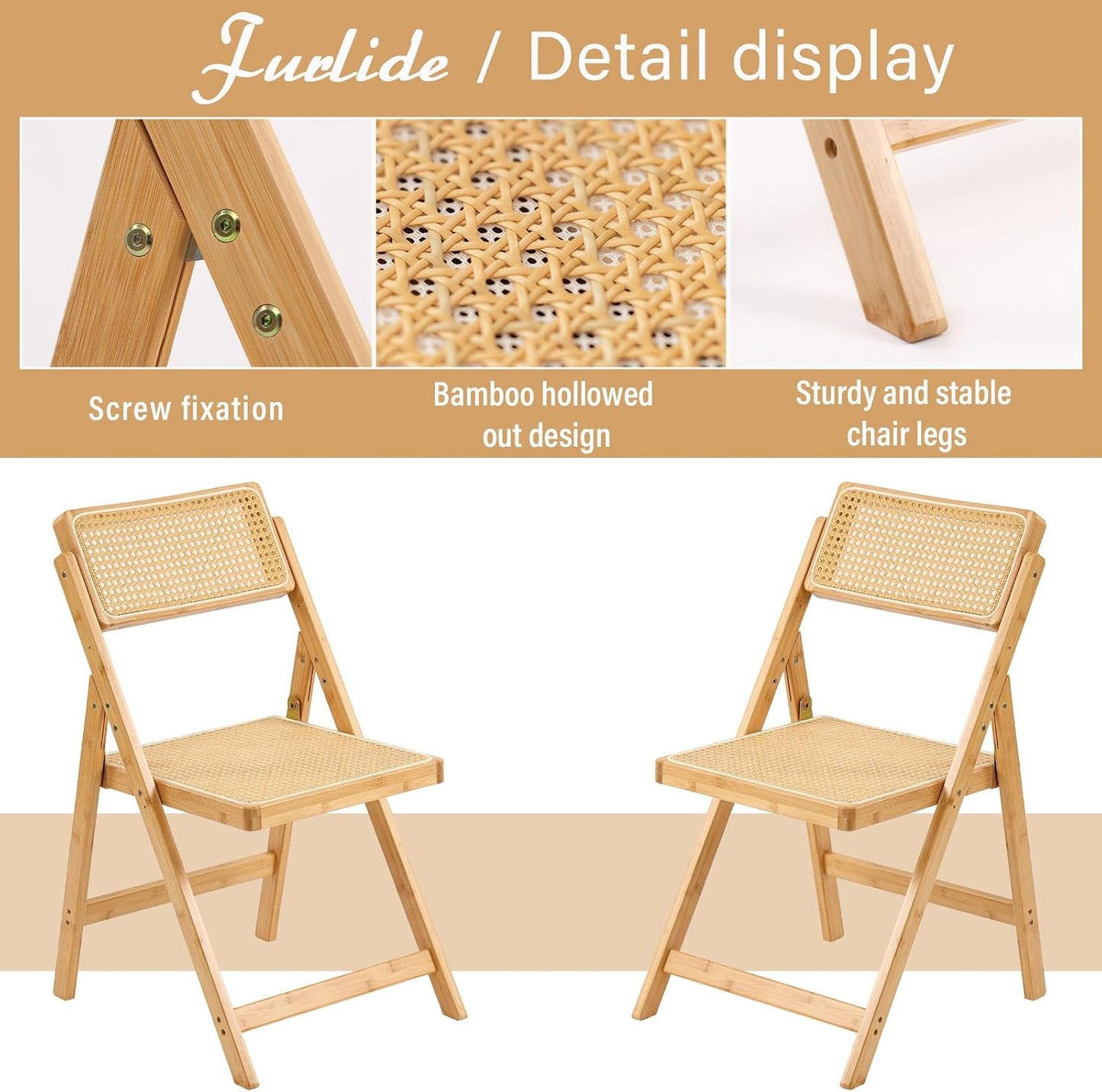 Rattan Folding Chairs, Modern Mid Century Dining Chairs Set of 2, Outdoor Bamboo Chair for Bedroom Living Room Reading Room Dining Kitchen, Wood