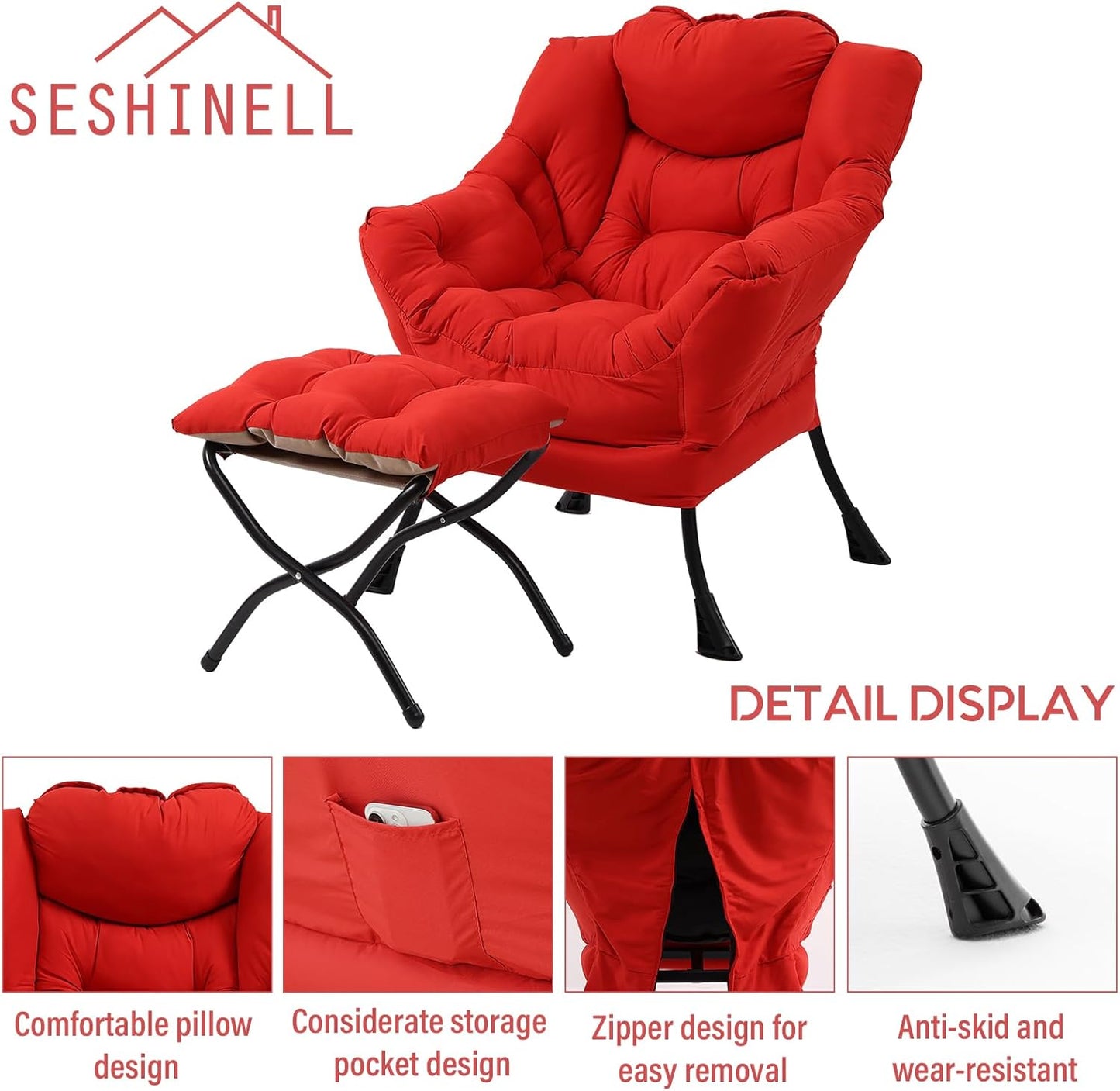 Lazy Chair with Ottoman, Modern Accent Chair Contemporary Lounge Leisure Sofa Chair with Armrests, Reading Chair and Folding Footstool Set for Living Room, Bedroom, Office, Red