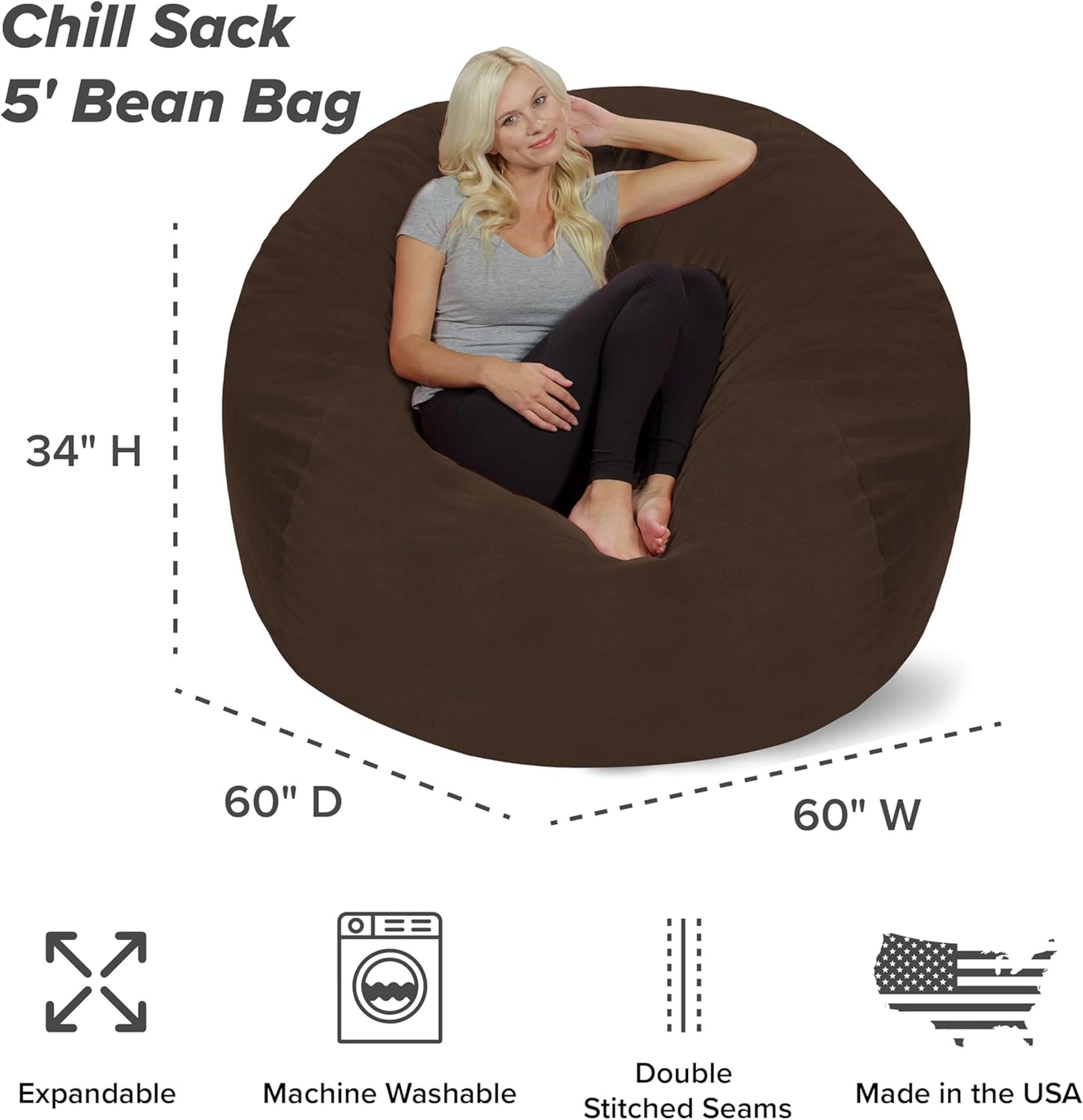 Chill Sack Bean Bag Chair - 5' Giant Memory Foam Lounge Chair with Soft Microfiber Cover – Cozy Furniture for Living Room, Dorm, & Kids' Rooms – Comfortable 5 Ft, Pebble Lounge Sofa, Brown
