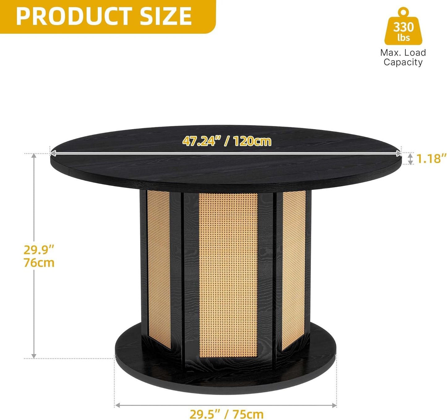 DWVO Round Dining Table for 4-6 People 47 Inch Farmhouse Kitchen Table with Rattan Circular Base Wooden Dinner Table for Dining Room Family Gathering, Black