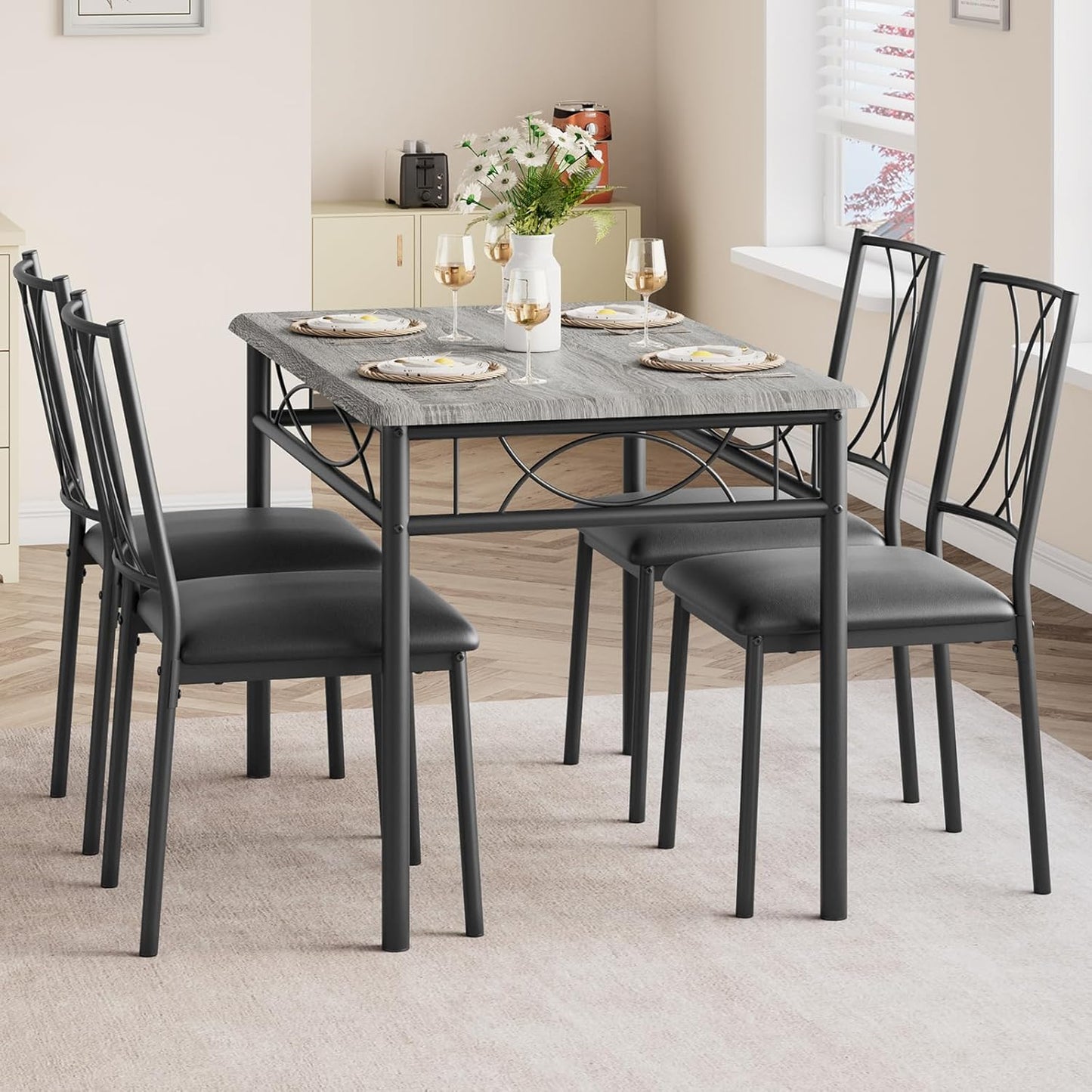 GAOMON Dining Table Set for 4, Rectangle Kitchen Table with 4 Upholstered Chairs Set for 4, 5-Piece Compact Apartment Kitchen & Dining Room Set Furniture for Small Spaces, Space-Saving, Rustic Gray