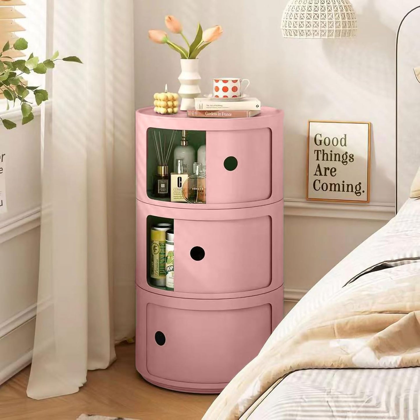 3 Tier Round Nightstand with Drawer, Pink Round Side Table Small Plastic Storage End Table Suitable for Bedroom, Living Room, Bathroom (Pink)