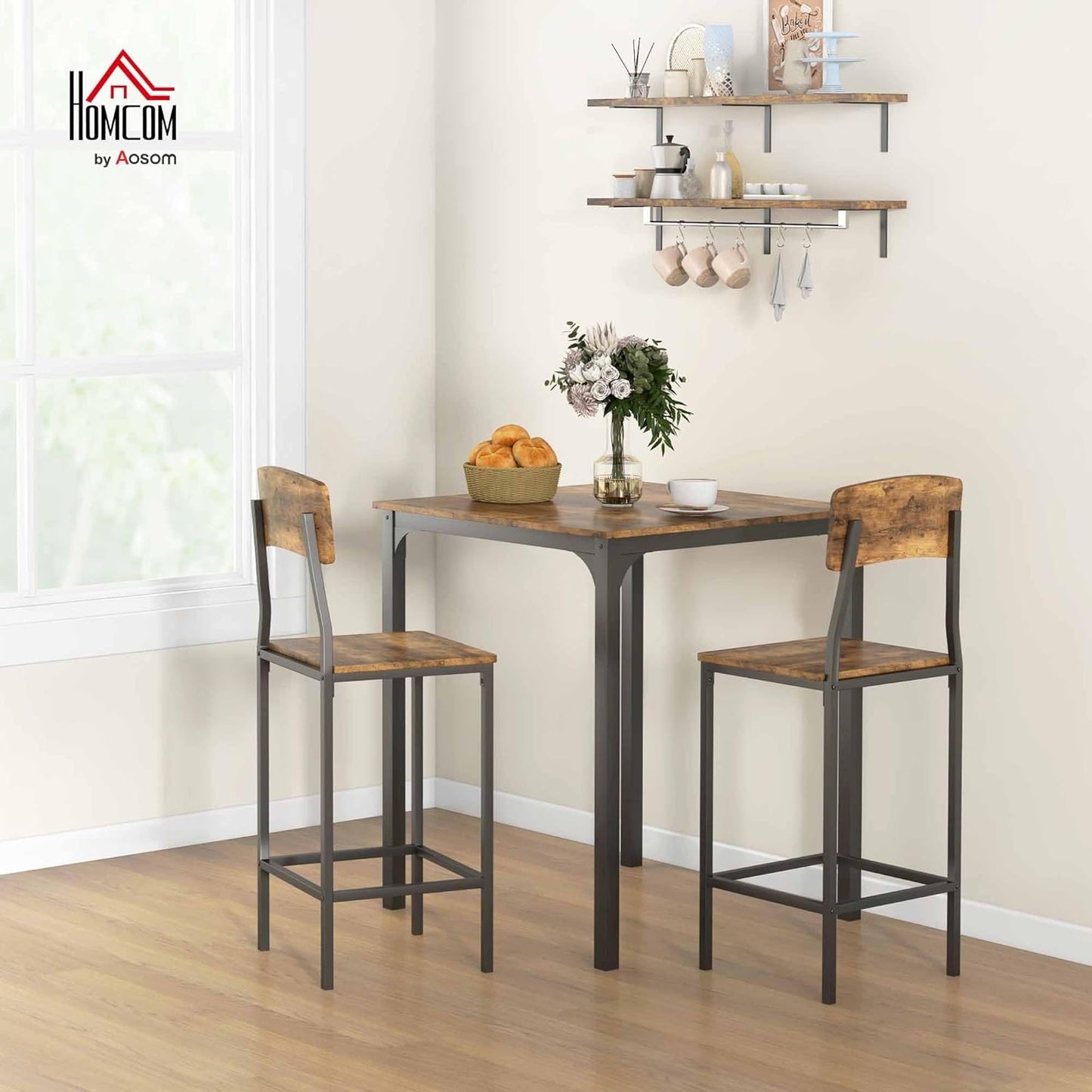 HOMCOM 3-Piece Counter Height Bar Table with Space-Saving Design, Square Kitchen Table and Chairs Set with Footrest, Metal Legs, Industrial Dining Table Set for 2, Rustic Brown and Black