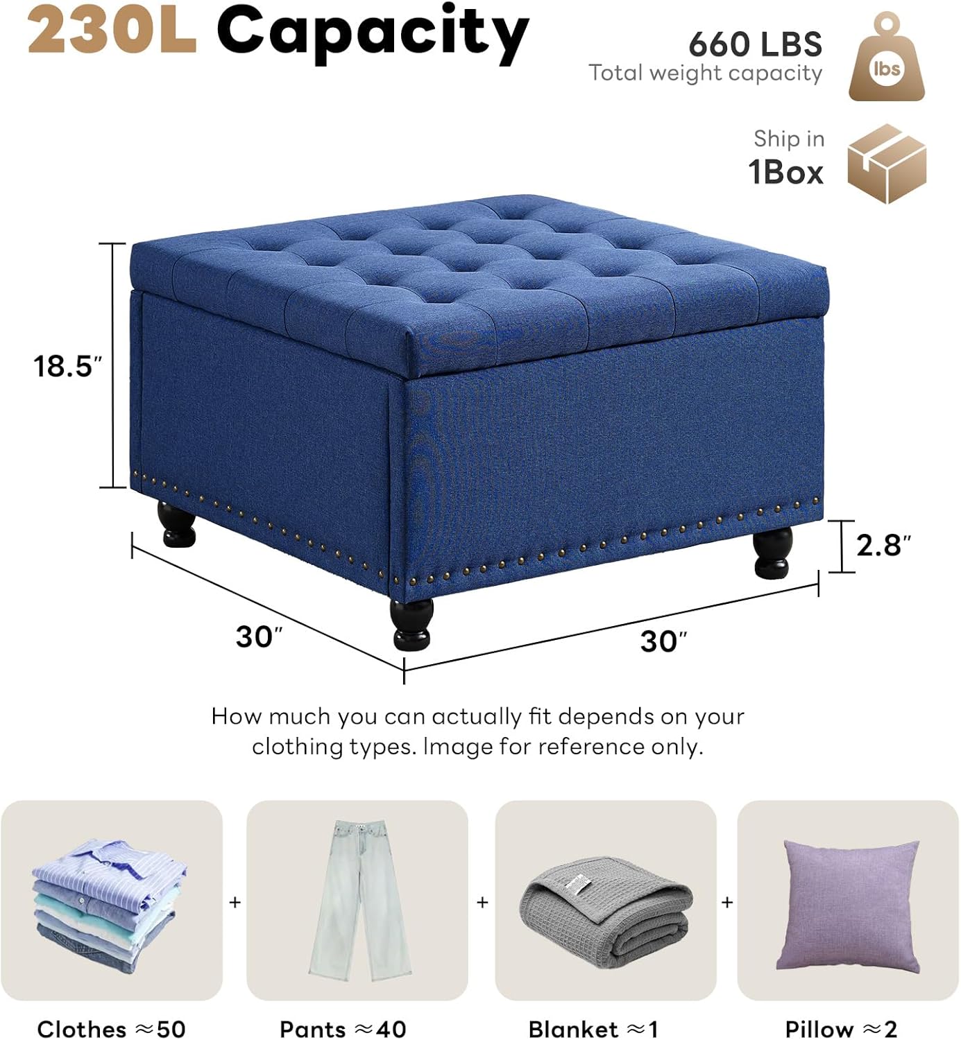Tbfit Large Square Tufted Upholstered Ottoman and Coffee Table with Storage, Oversized Footrest Bench for Living Room Bedroom, Blue