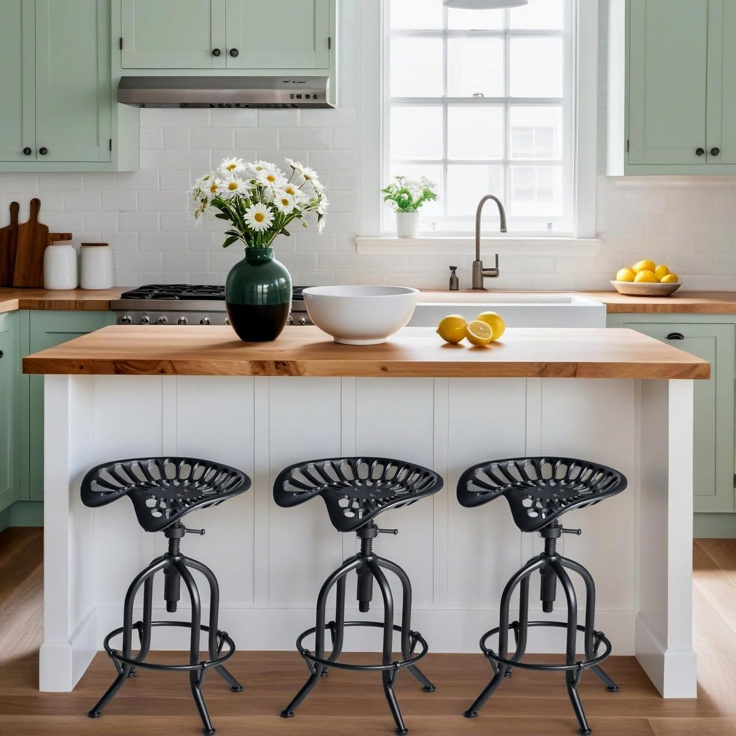 Industrial Bar Stool Farmhouse Tractor Saddle Stool Kitchen Counter Height Adjustable Bar Stool Metal Bar Stool 19.6-24 Inch Pub Bar Stool,Set of 2, Black