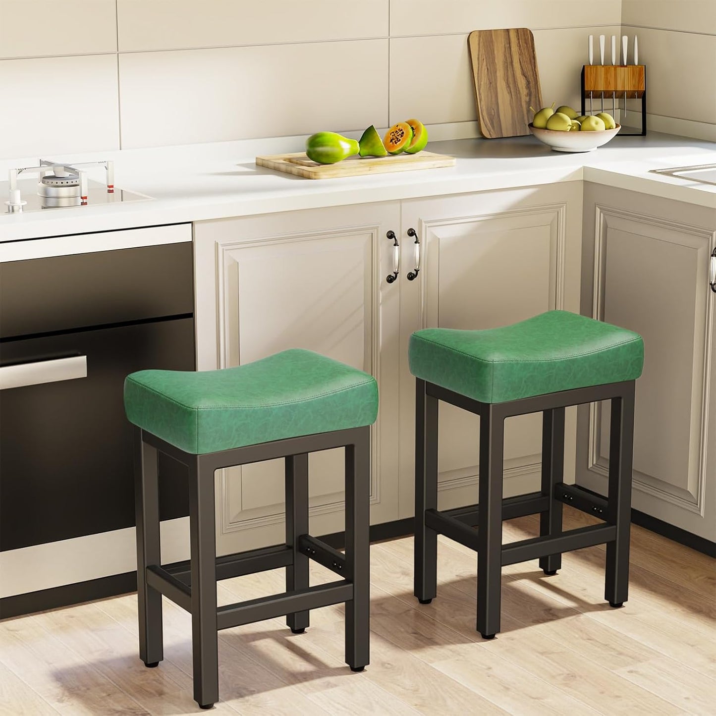 Counter Height Bar Stools Set of 2, 24 Inch Barstools for Kitchen Island Counter, Faux Leather Kitchen Stools with Thick Saddle Seats & Heavy Duty Metal Base, Easy Assembly, Forest Green