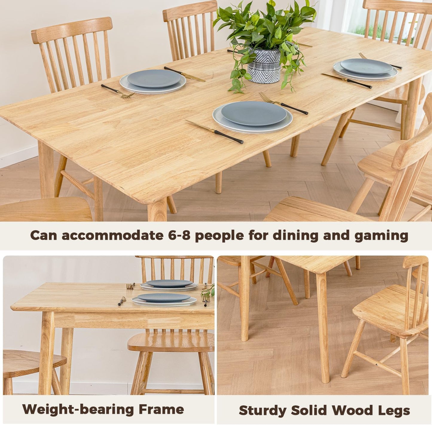 DELAVIN 70.8" Large Solid Wood Dining Table for 6-8 People, Mid Century Modern Rectangular Oak Kitchen Table, Farmhouse Dining Room Table, Easy Assembly, Natural