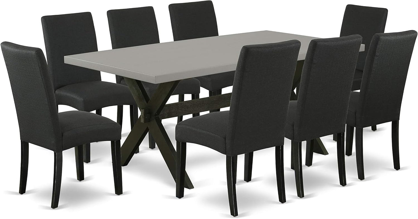 East West Furniture X697DR124-9 9 Piece Modern Dining Table Set Includes a Rectangle Wooden Table with X-Legs and 8 Black Color Linen Fabric Upholstered Chairs, 40x72 Inch, Multi-Color
