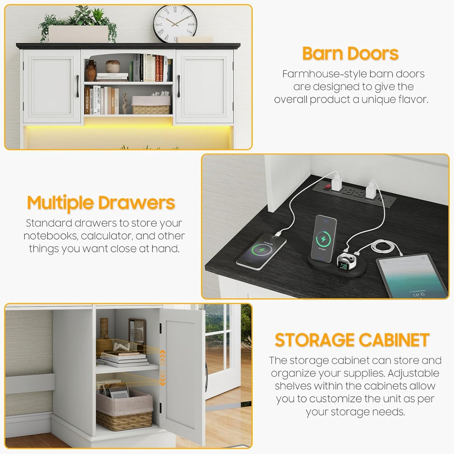 Farmhouse 47" Executive Desk with Hutch, 2 Drawers and LED Light, Computer Desk with Storage Cabinet and Charging Station,Workstation for Home Office and Study.