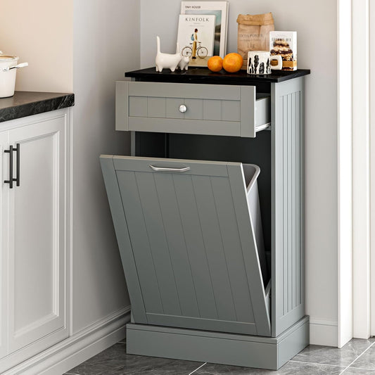 GAZHOME 10 Gallon Tilt Out Trash Cabinet, Upgrade Wooden Free Standing Recyclin Trash Cabinet with Hideaway Drawer(Gray)