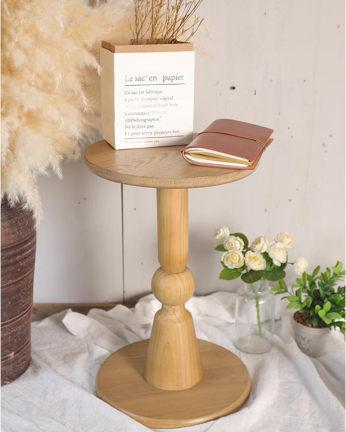 Round Side Table, 11.6 Inch Modern Accent End Table with Pedestal Base, Natural Wood (Natural)