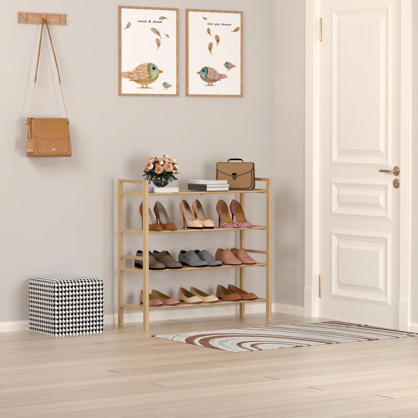 Haddockway Bamboo Shoe Rack for Closet, Free Standing Shoe Organizer with Smooth Round Rods & Convenient Handles, Stackable Shoe Storage Shelf for Entryway, Hallway(Natural, 4-Tier)