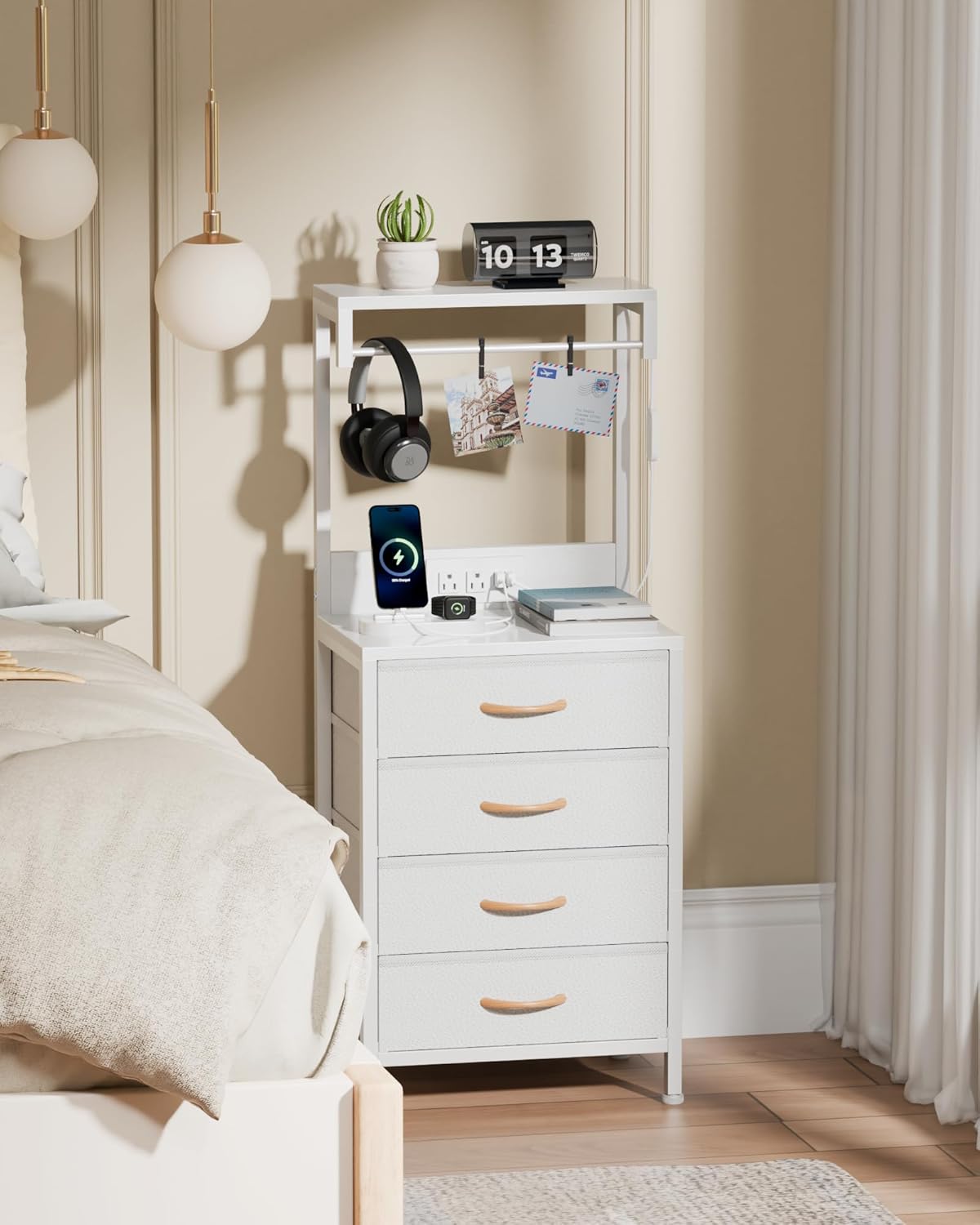 Furnulem Nightstand, White Tall Night Stand with Charging Station and LED Lights, Bedside Table for Bedroom, Office, Hallway, 4 Fabric Drawers, Metal Frame, Wood Shelves
