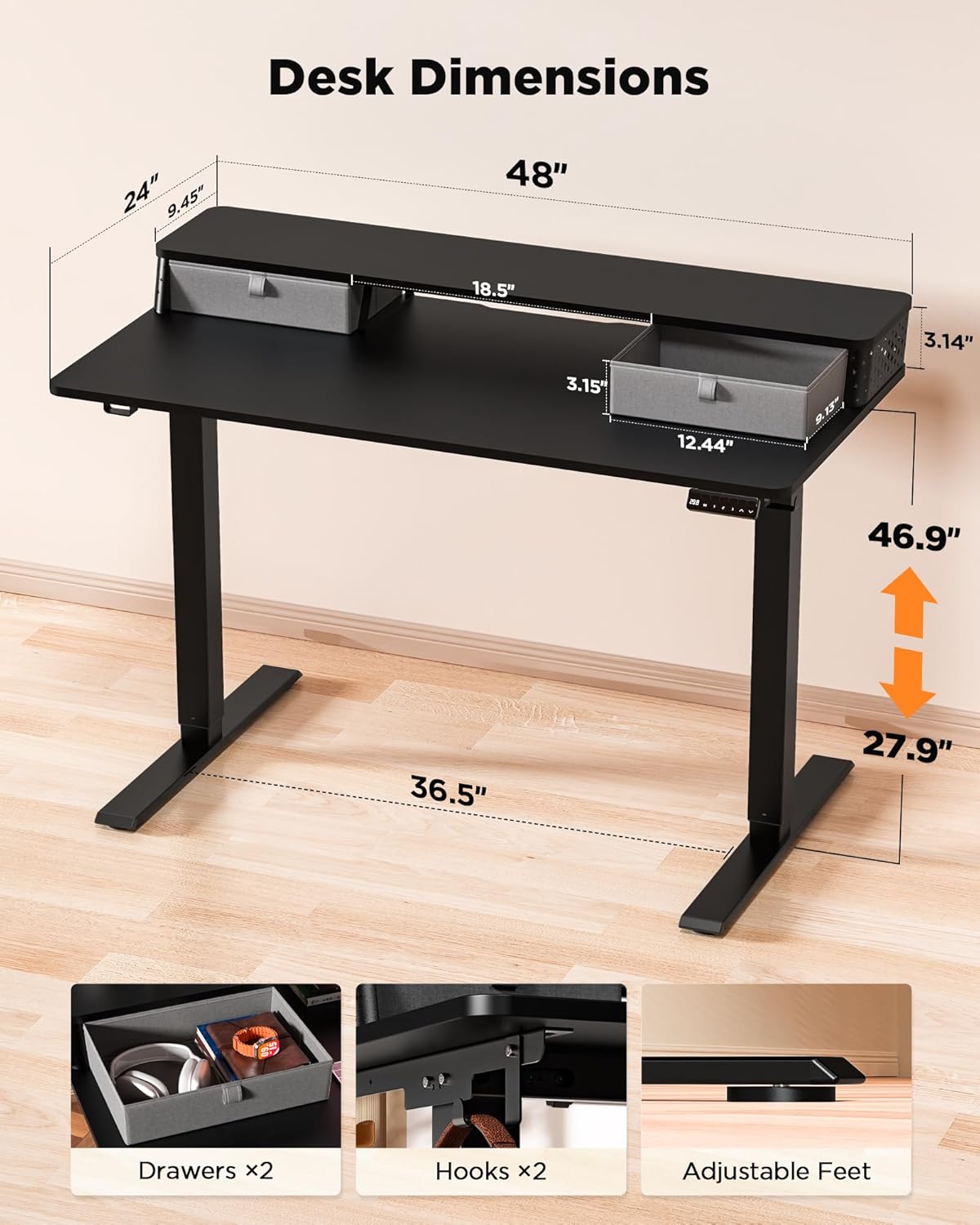 48x24 Inch Standing Desk with Double Drawers, C-Clamp Mount Compatible, Electric Adjustable Height Computer Stand Up Desks, Home Office Sit Stand Table with 3 Preset Heights & 2 Hooks, Black