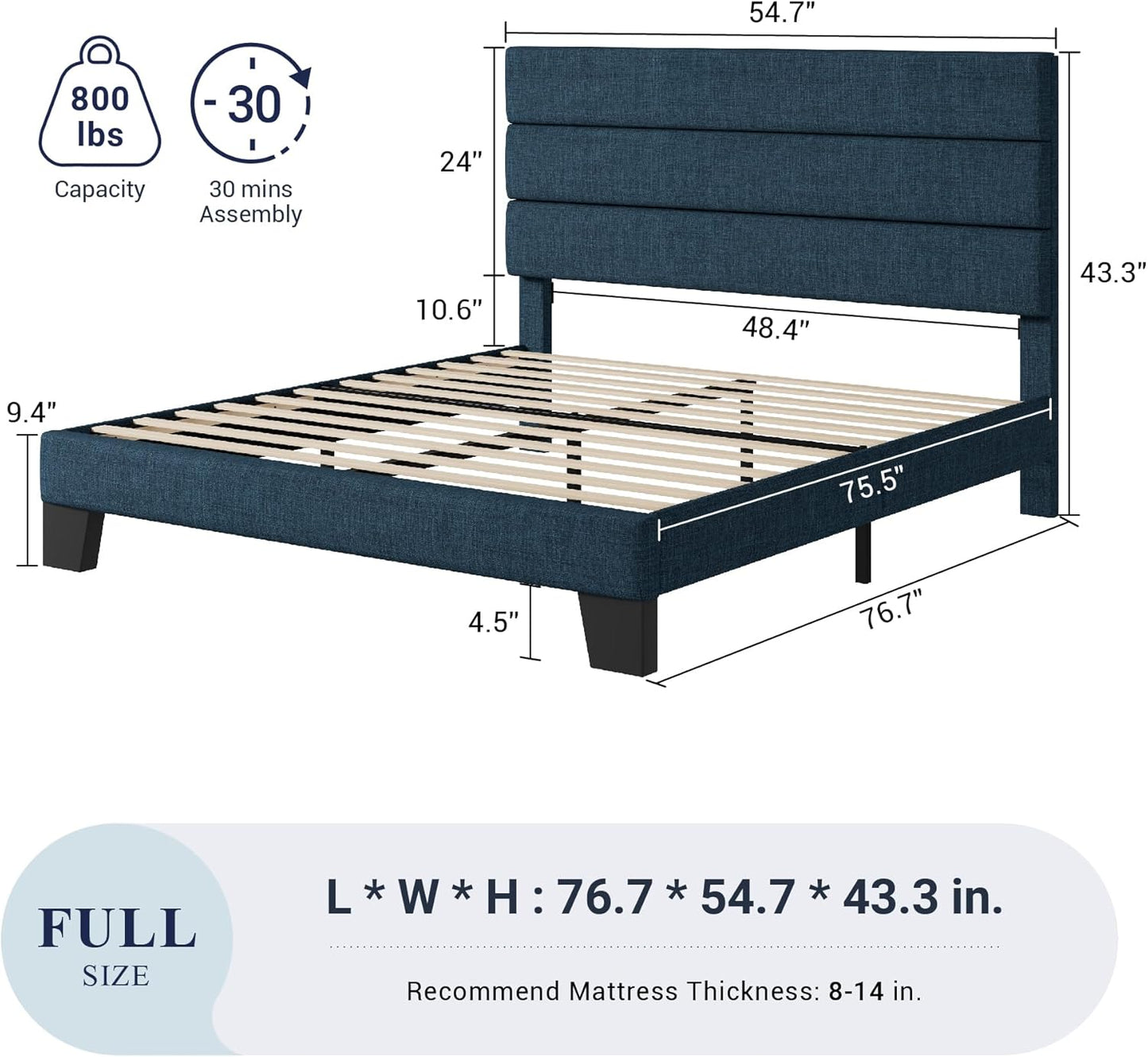 Allewie Full Size Platform Bed Frame with Fabric Upholstered Headboard and Wooden Slats Support, Fully Upholstered Mattress Foundation/No Box Spring Needed/Easy Assembly, Navy Blue