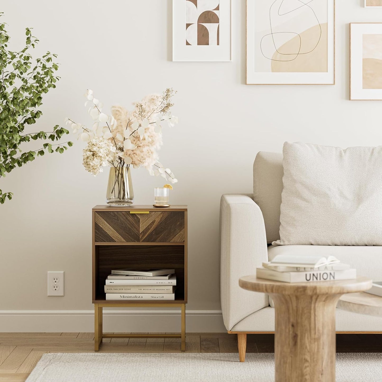 Masupu Extra Large Nightstand,Boho Night Stand Modern Farmhouse Wood Bedside Table with Storage Drawer and Open Shelf,Side End Table for Bedroom,Living Room,Office Brown