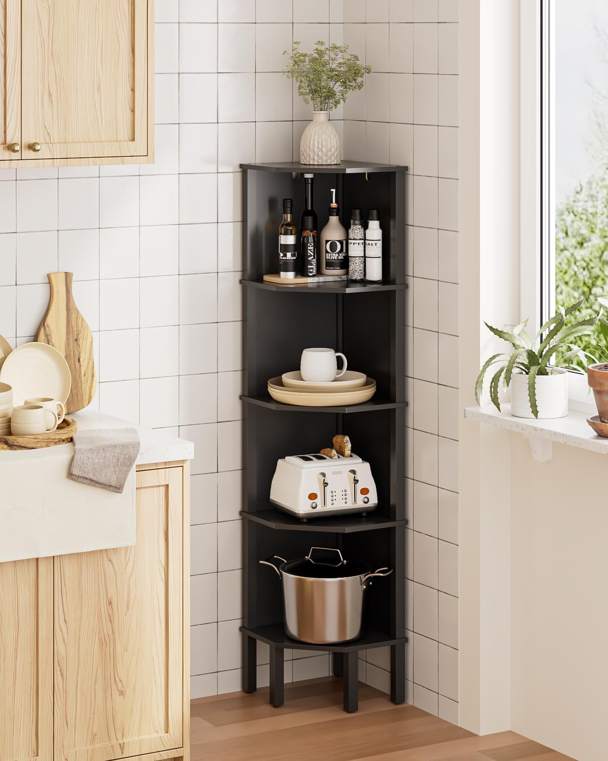 Corner Shelf, 5 Tier Corner Bookshelf，Wall Corner Bookshelf for Small Space,Display Corner Shelf Stand with Storage Rack for Living Room,Bedroom,Office,Black