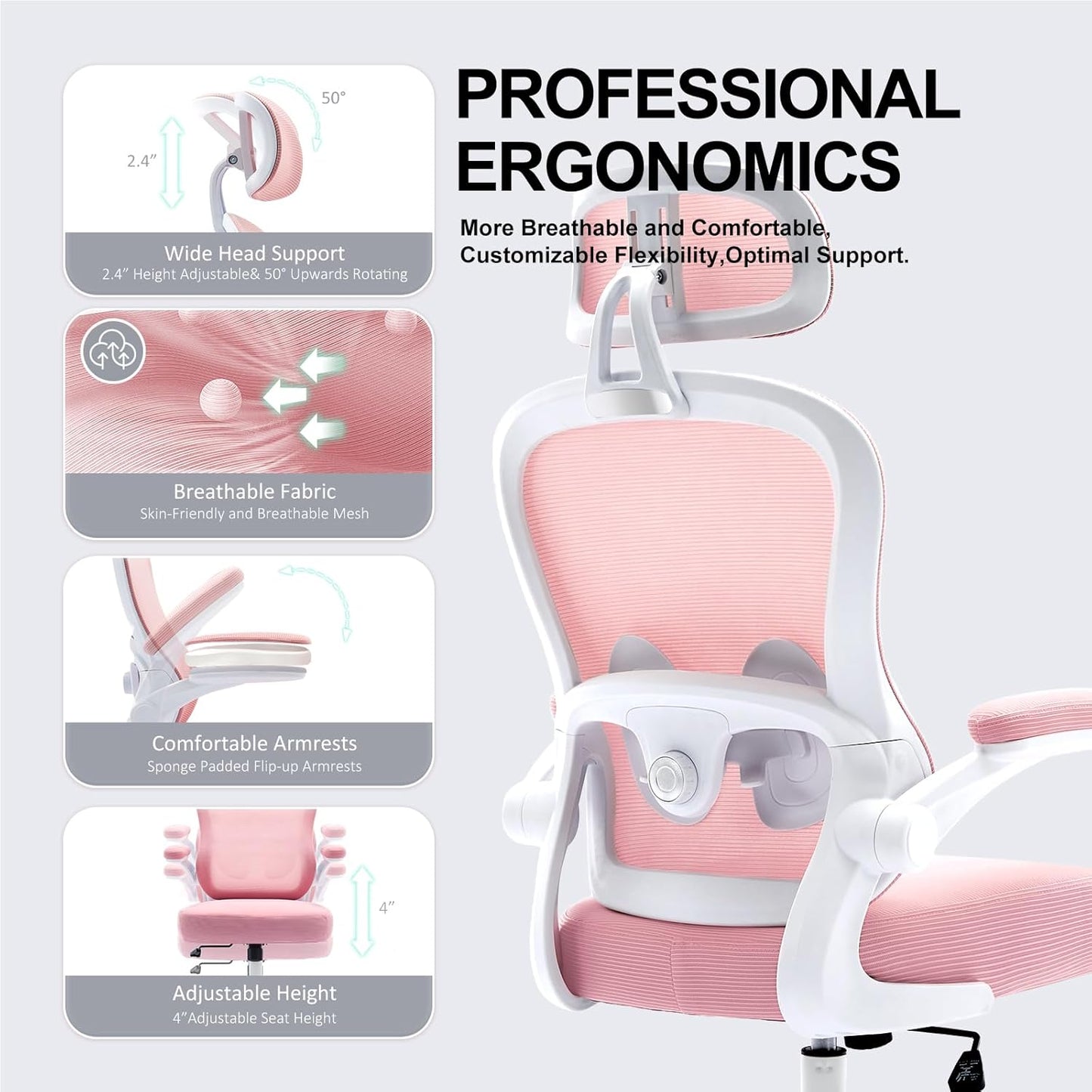 Ergonomic Office Chair,Ultra Thick Office Desk Chair with Adjustable Lumbar Support and Headrest,Spring Cushion,Rocking Function,Flip-up arms,Mesh Computer Chair for Home Office,Pink