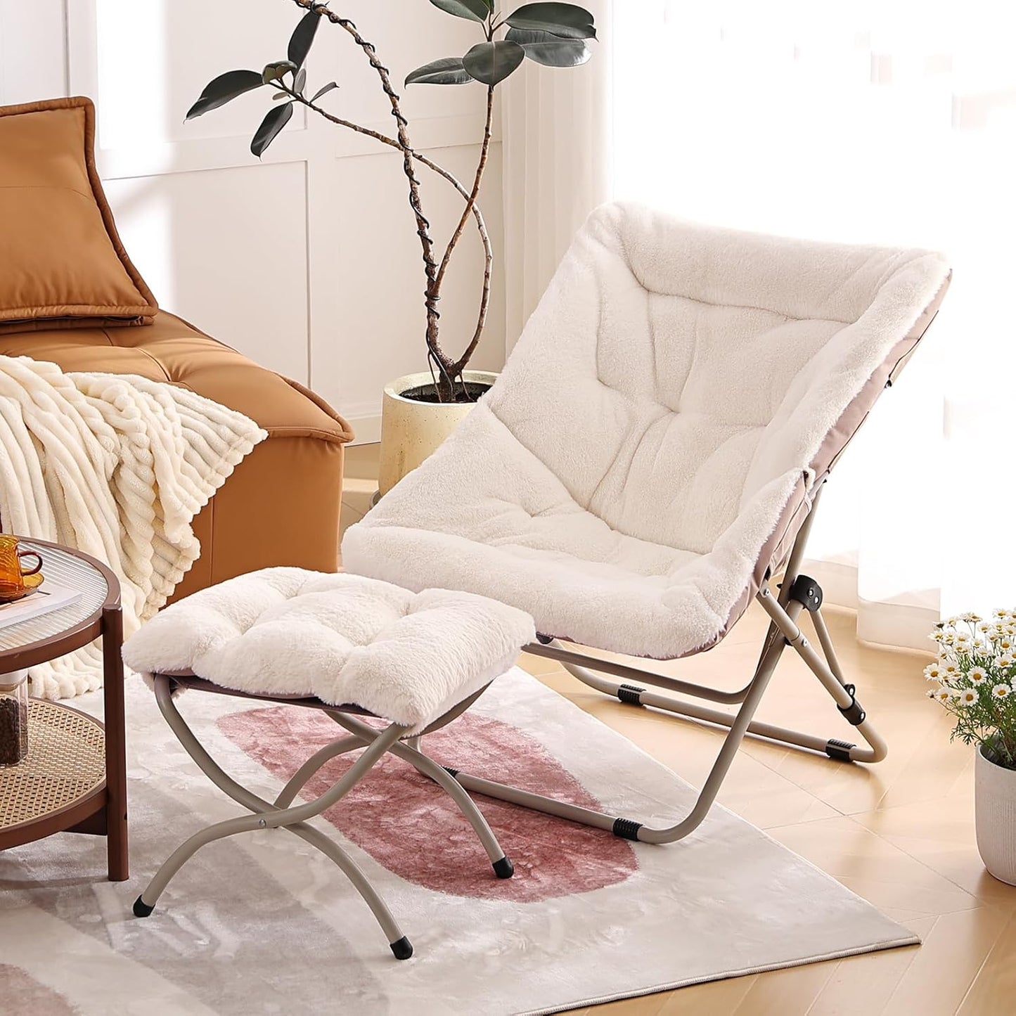 Comfy Folded Chair with Ottoman, Oversized Folding Faux Fur Chair Soft Furry Lounge Lazy Chair with Metal Frame Moon Chair Accent Chair for Bedroom, Living Room, Dorm Rooms