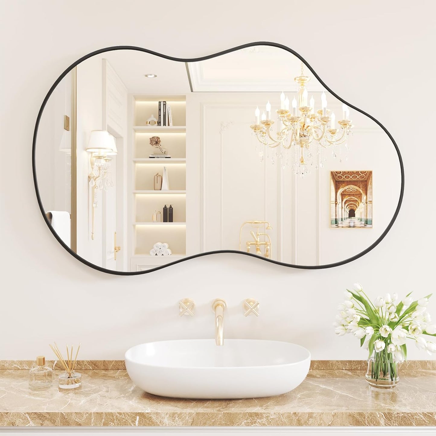 WEER Irregular Wall Mirror, 24x36 inch Black Asymmetrical Mirror Wall Mounted Mirrors Decorative, Abstract Wavy Aluminum Alloy Frame Mirror for Bathroom, Bedroom, Living Room, Entryway
