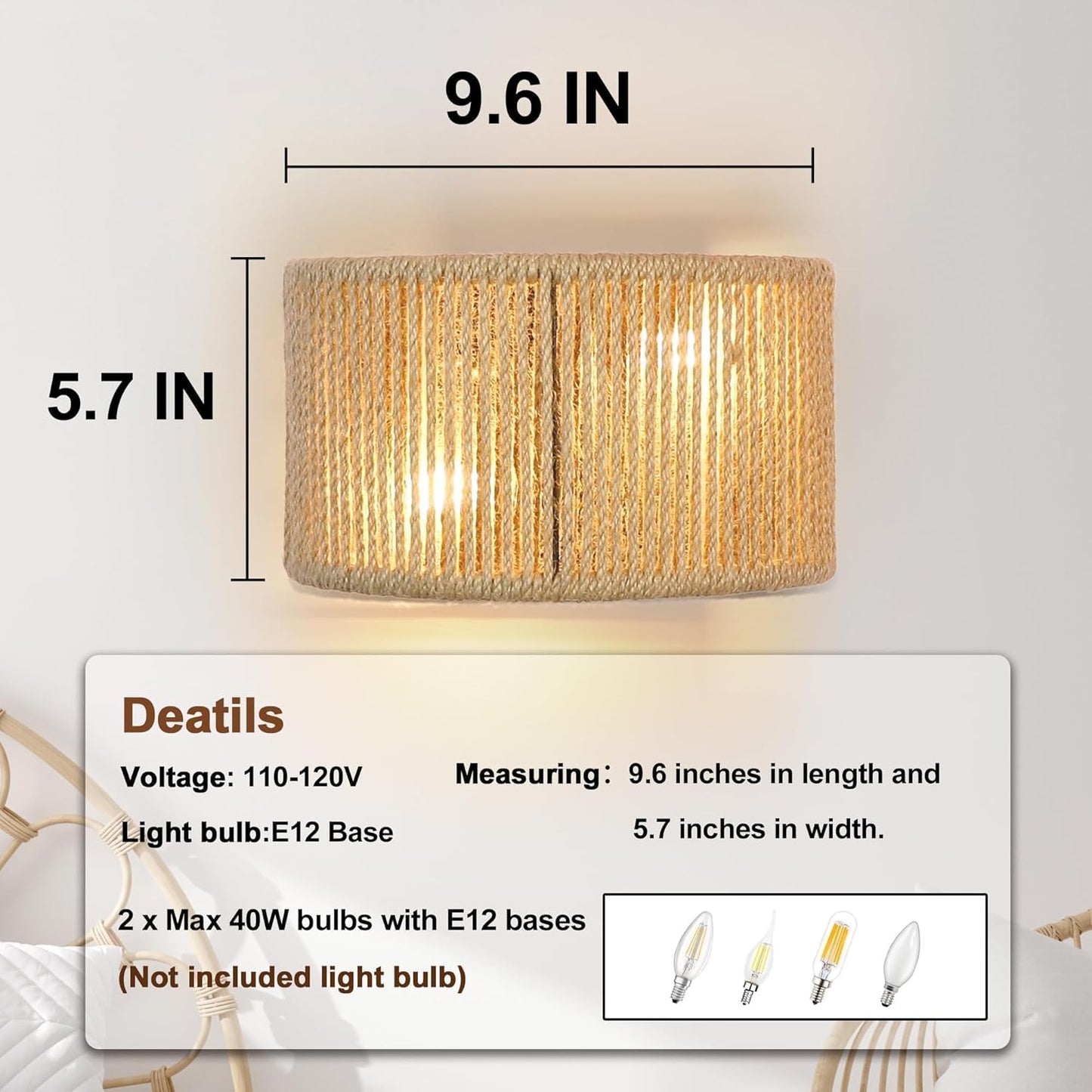 Rattan Wall Sconce Boho Wall Light Fixture Hand Woven Wall Mounted Lamp for Bedside, Staircase, Aisle, Porch, E12 Base D9.7 Inch