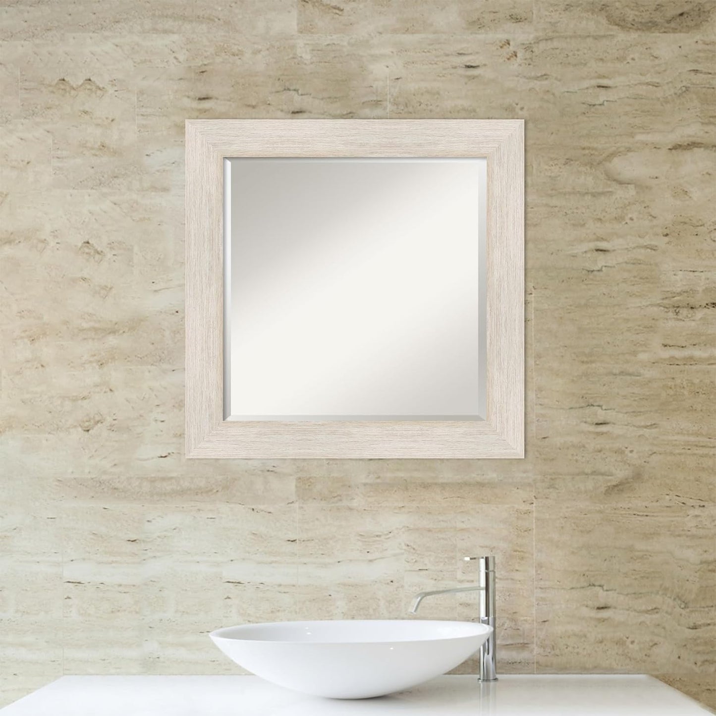 Amanti Art White Bathroom Mirror for Over Sink, 25x25 Hardwood White Wash Square Vanity Mirror, Medium Country Rustic Wood Frame, Hangs Horizonally and Vertically, Bathroom Wall Decor, Beveled Edge